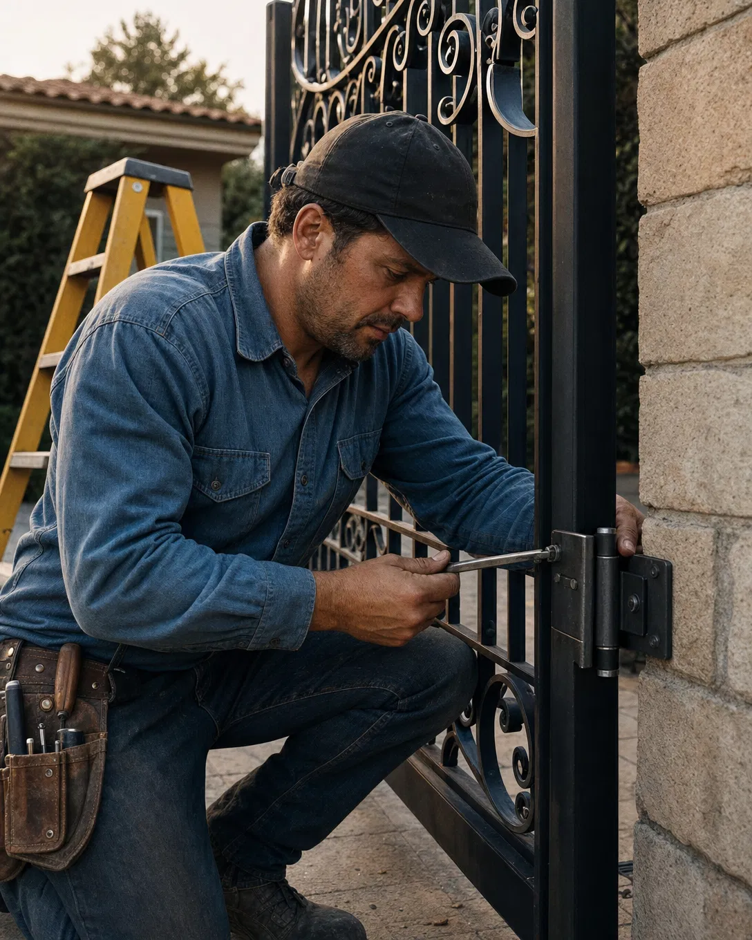Craftsman adjusting a wrought-iron gate hinge.