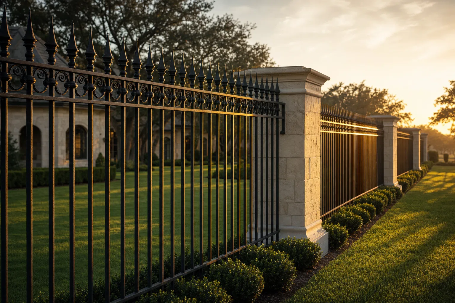 Long black wrought-iron estate fence with finials and stone pillars in golden-hour light.