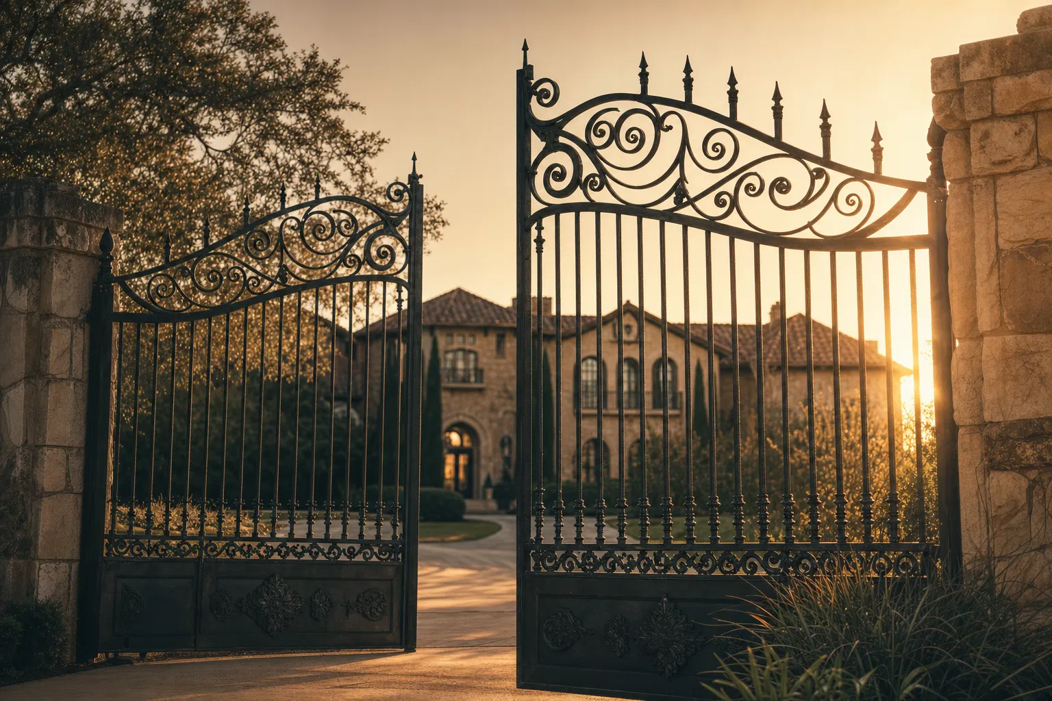 Custom wrought-iron driveway gate at golden hour