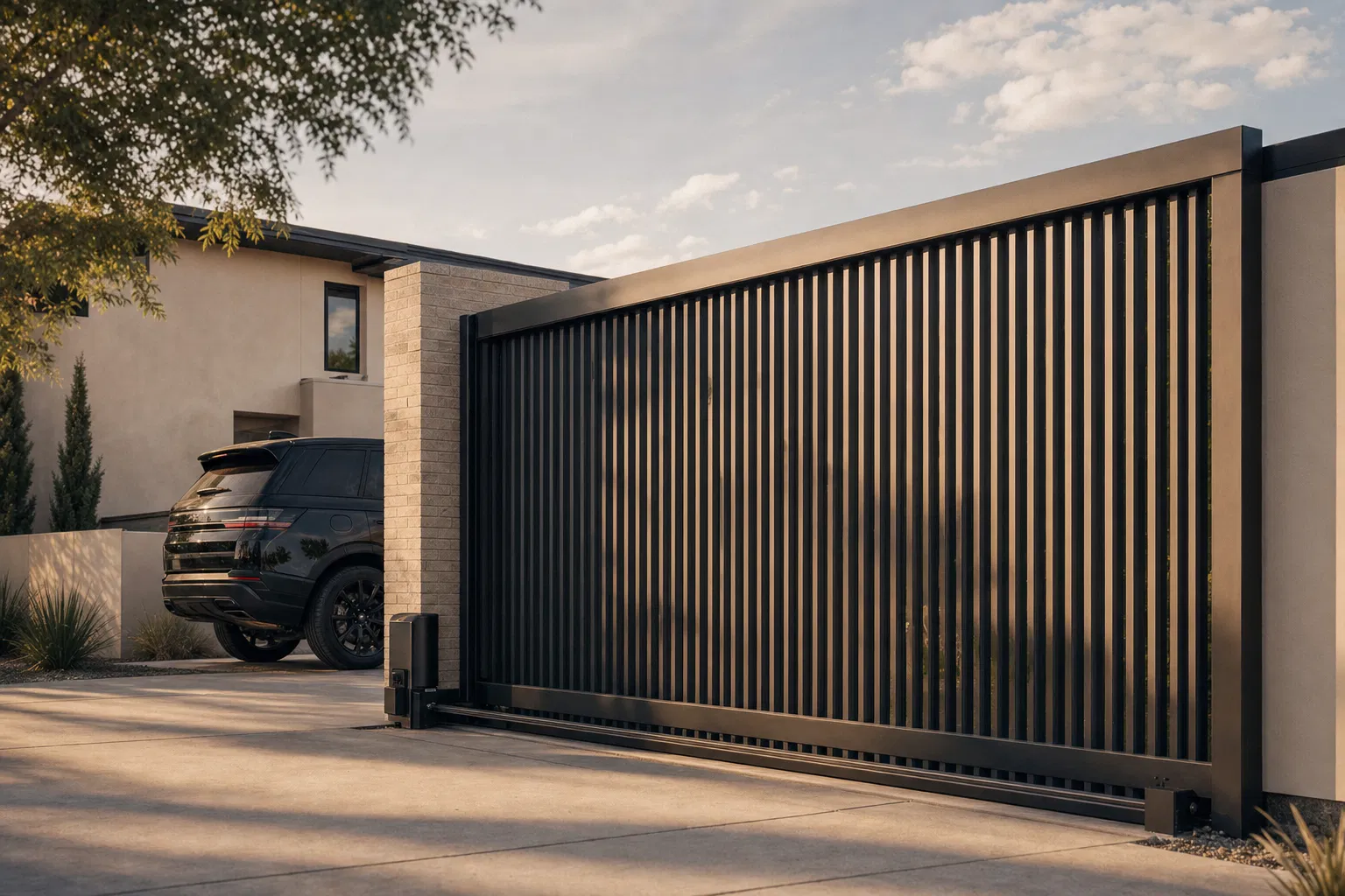 Modern automated sliding driveway gate of vertical black metal slats at a contemporary Texas home.