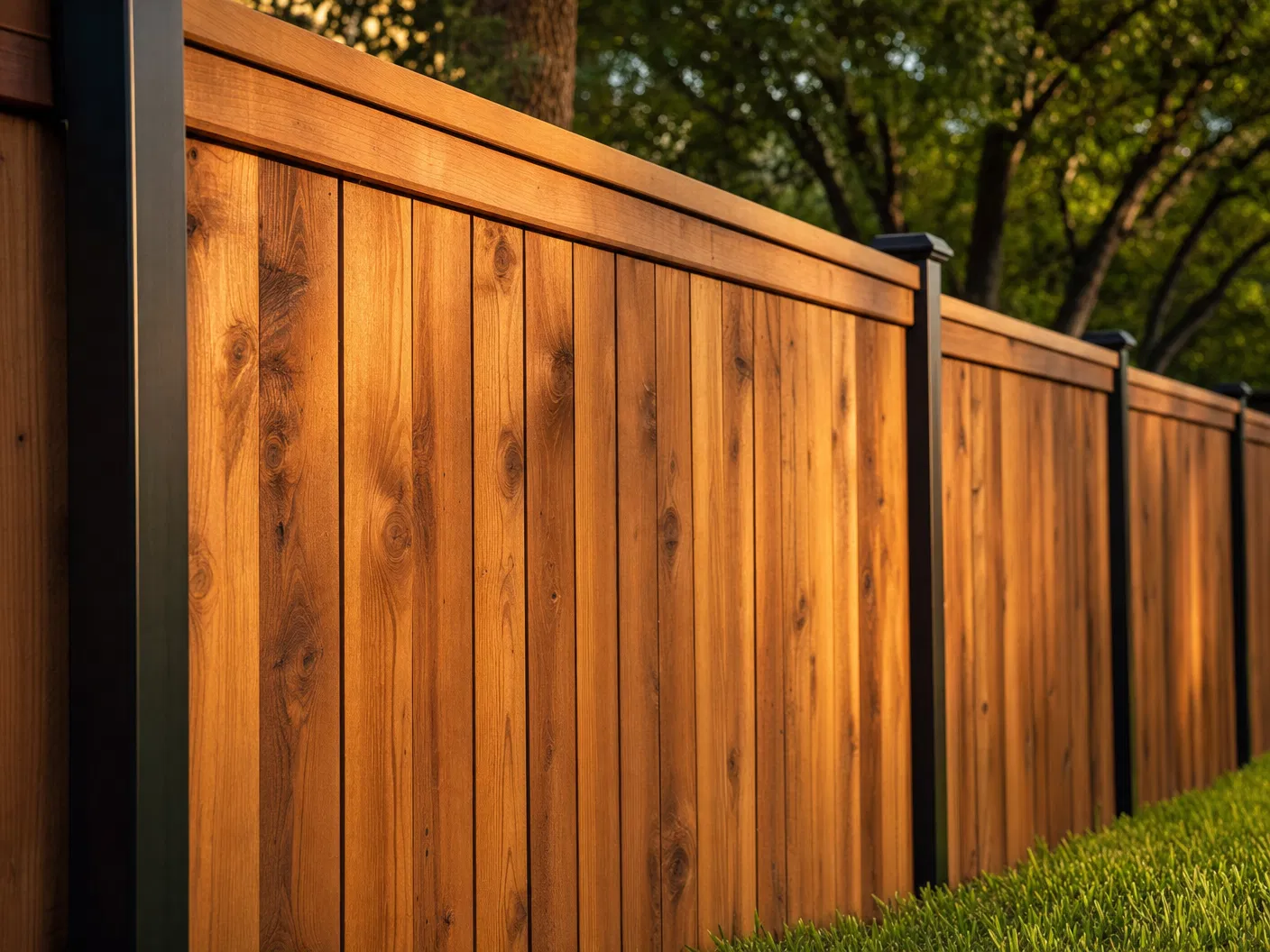Close-up of a freshly built tall vertical cedar fence with dark metal post caps in golden afternoon light.