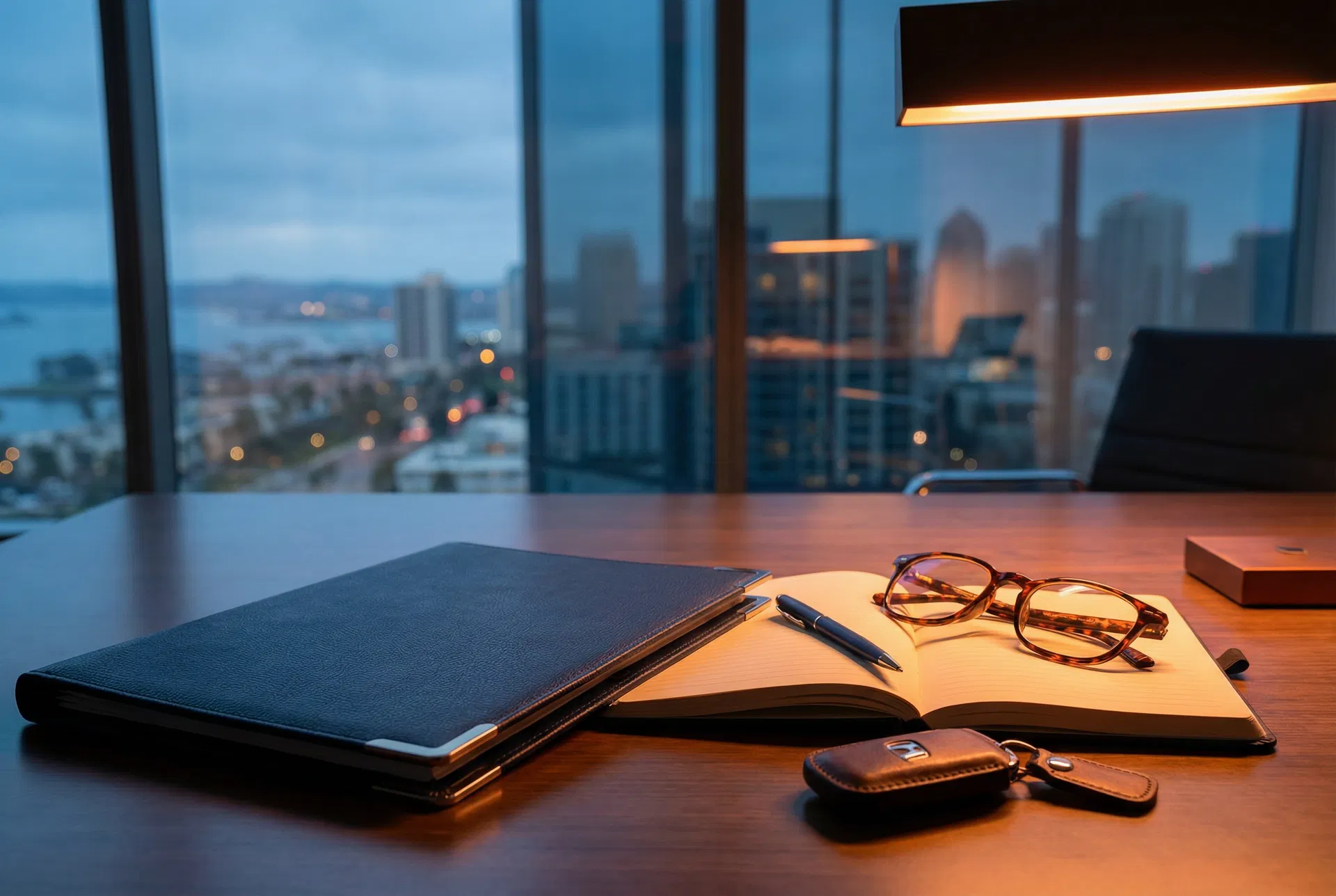 Attorney desk with notebook, glasses, and city view
