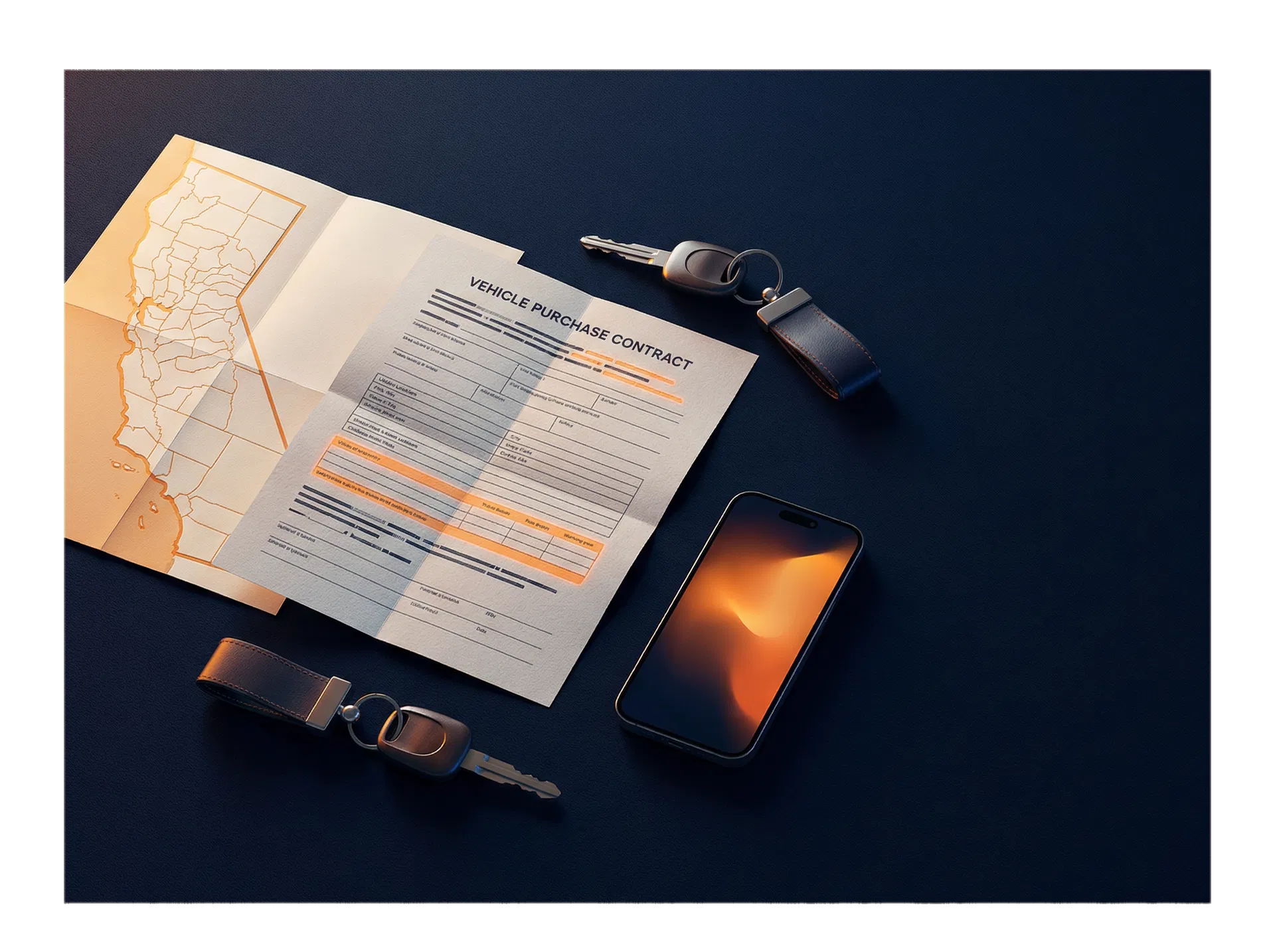Vehicle contract, keys, and phone arranged on a dark surface