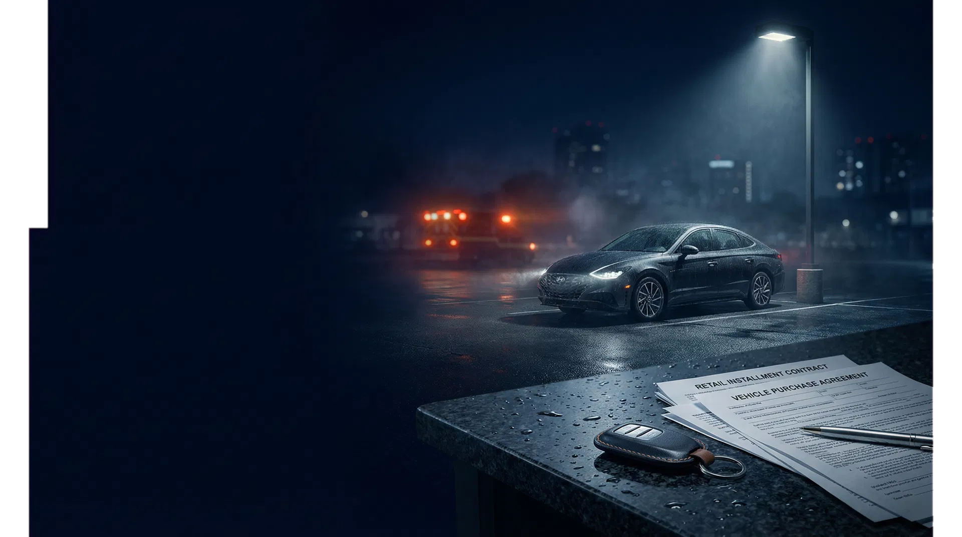 A car in a dimly lit lot with contract documents and keys in the foreground