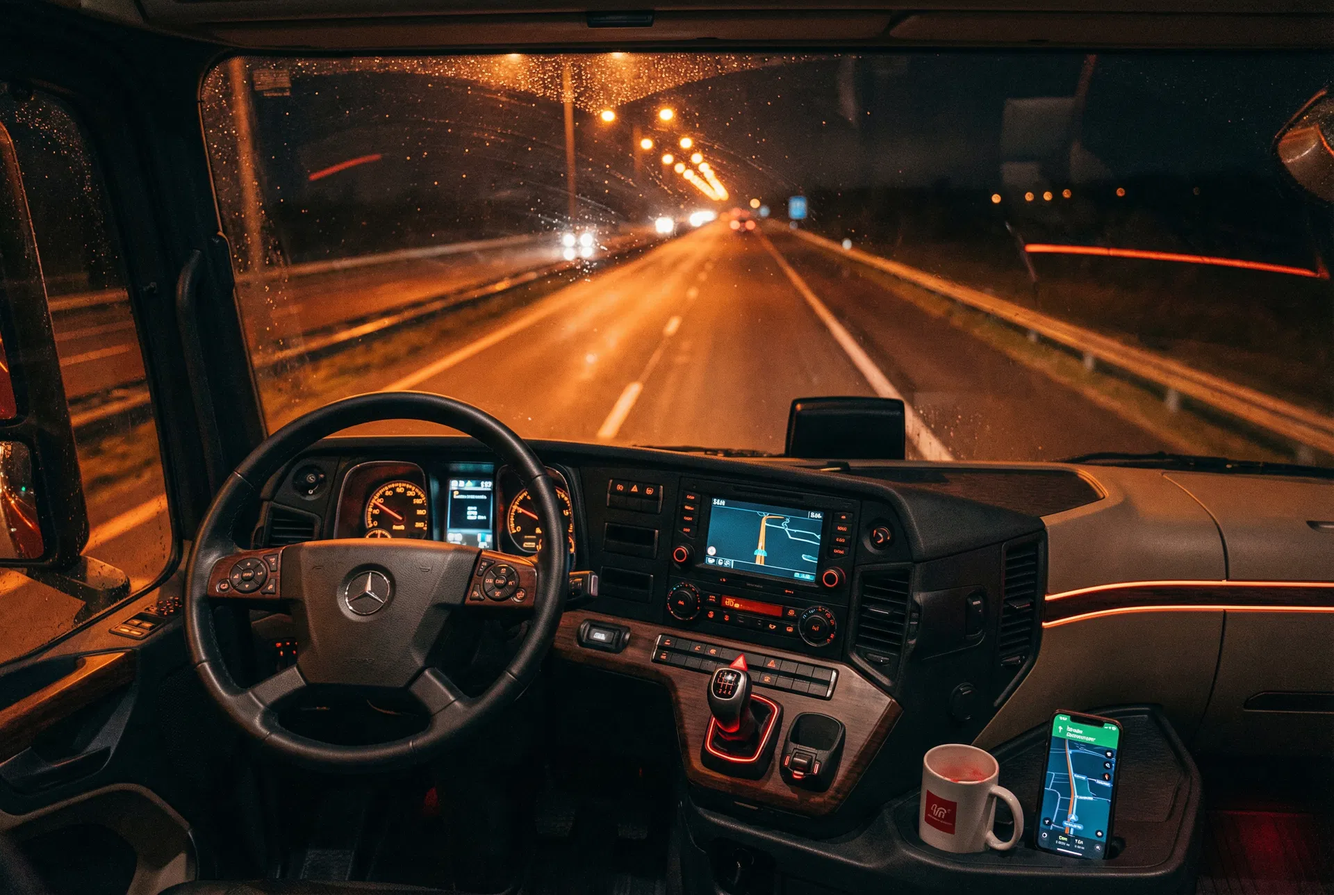 Inside a modern freight truck cabin at night