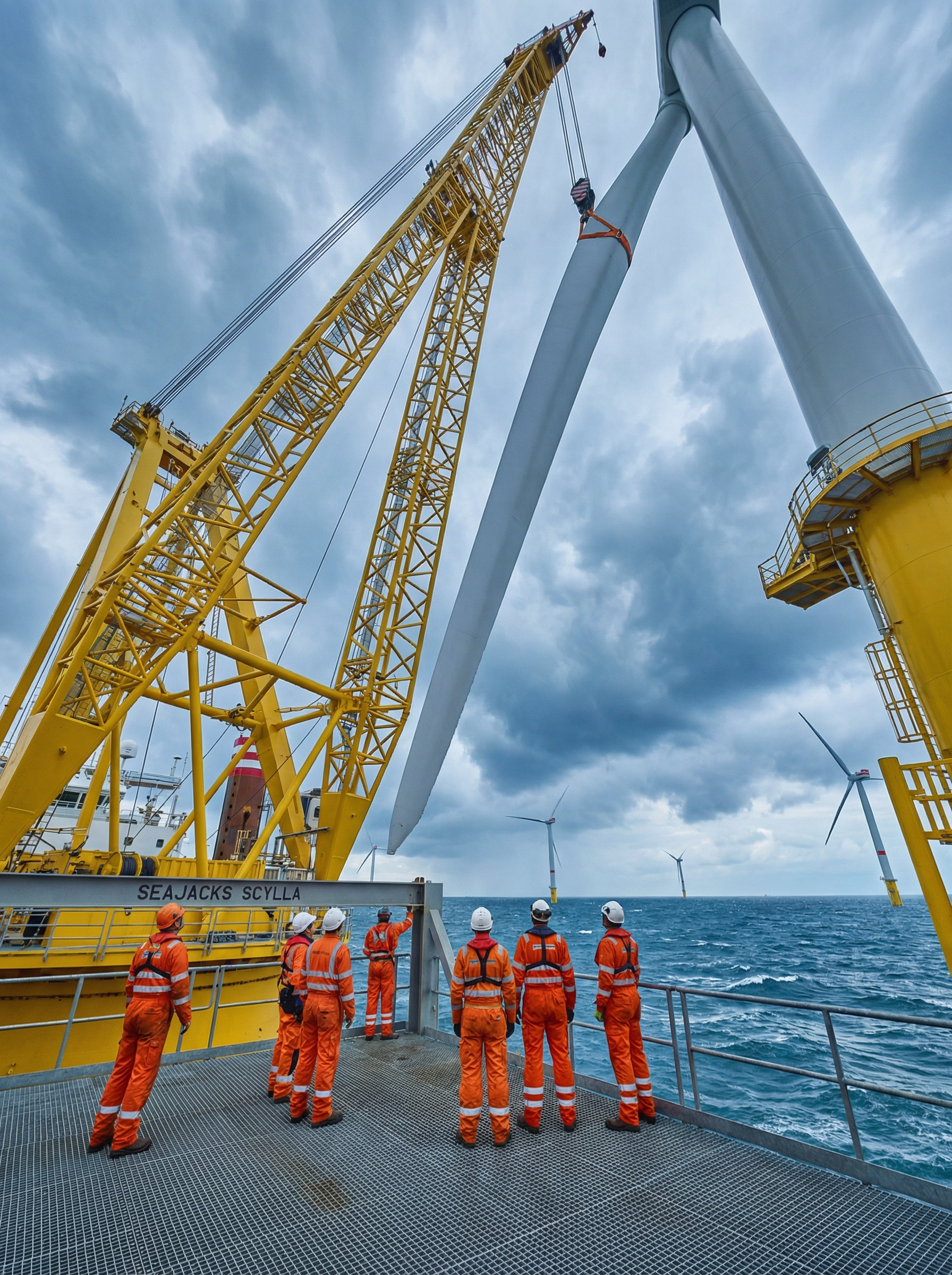 Close-up of massive wind turbine blade being lifted by crane - workers in safety gear on deck