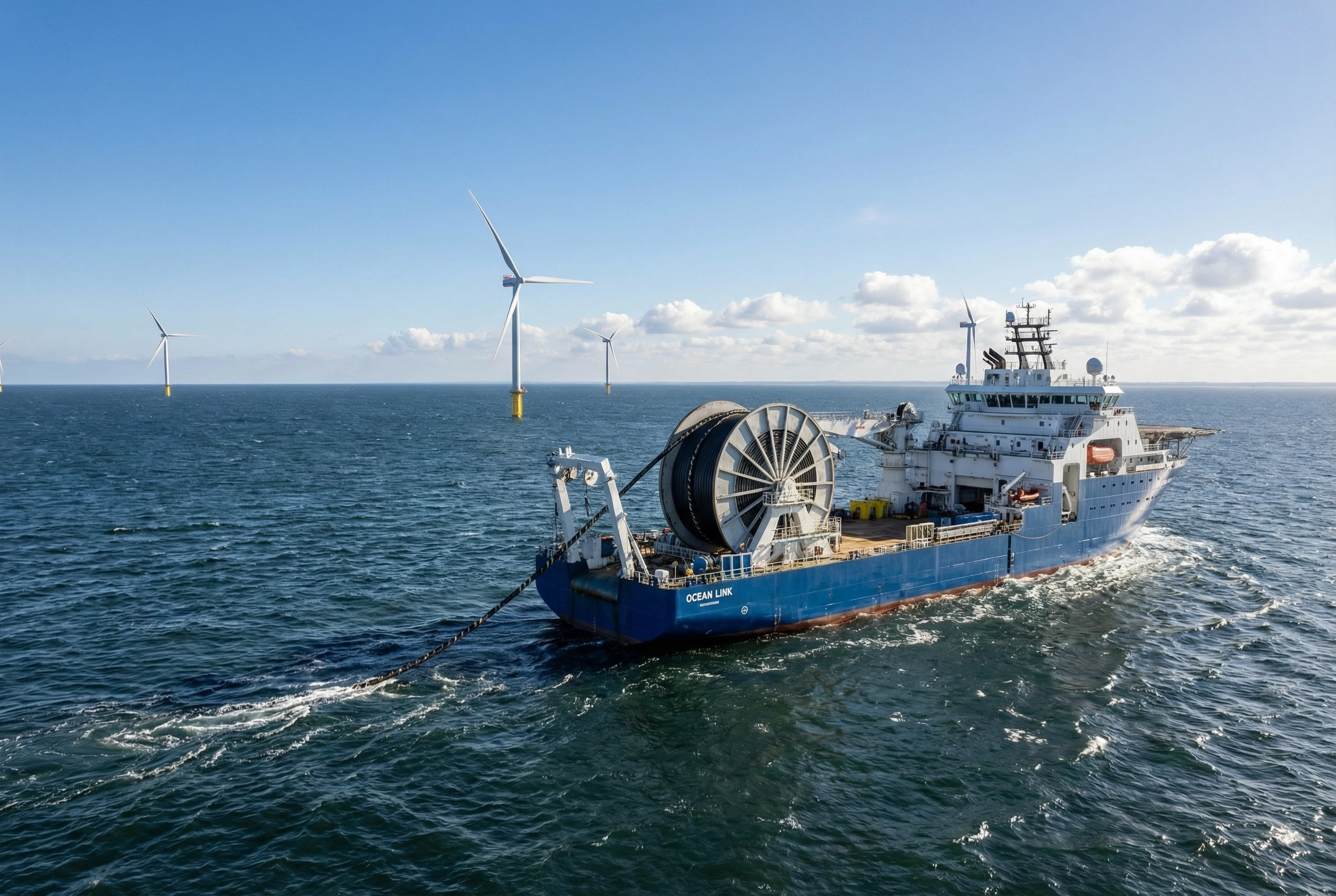 Aerial view of cable laying vessel deploying subsea power cable at offshore wind farm