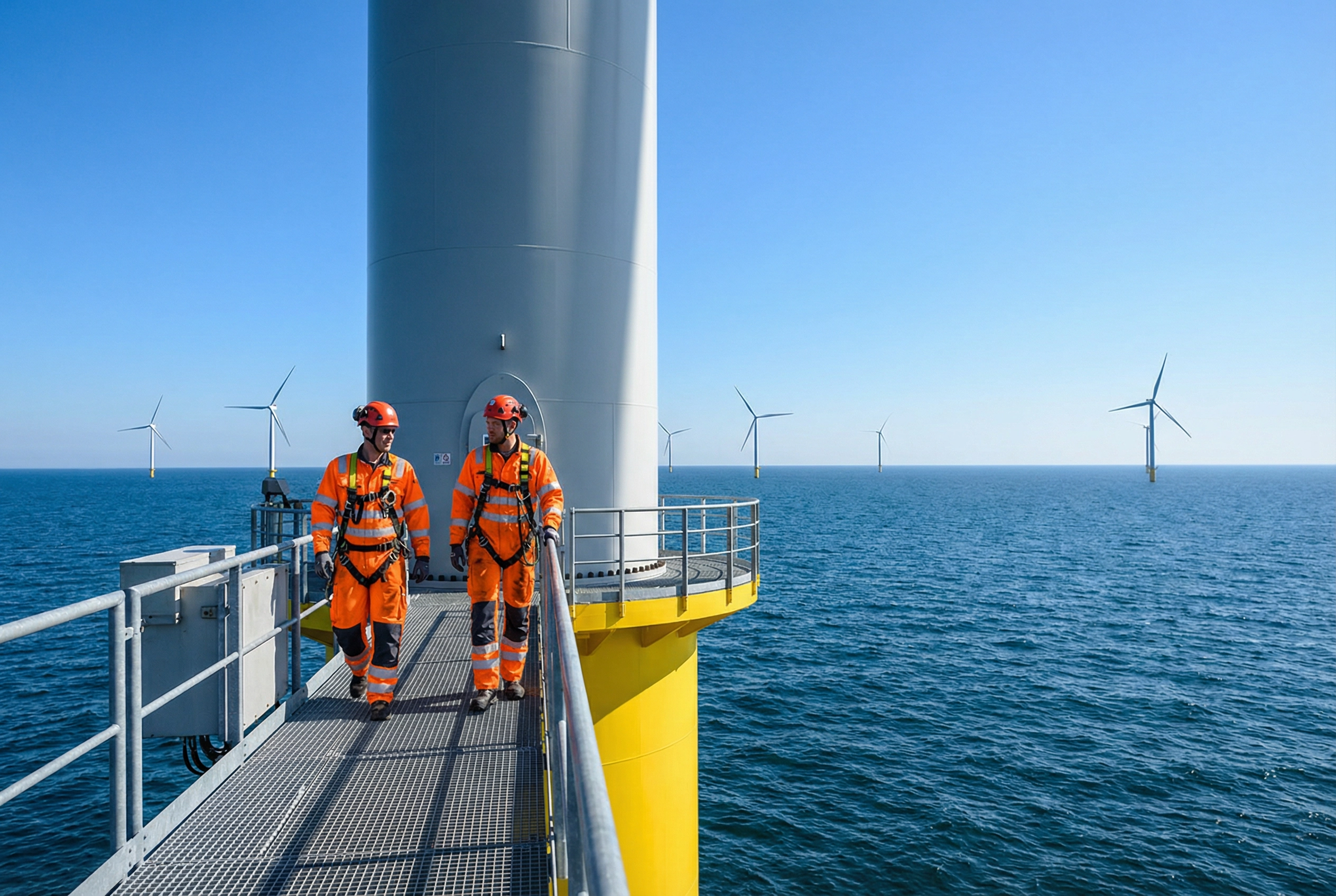 Offshore wind technicians walking along turbine access platform high above the sea