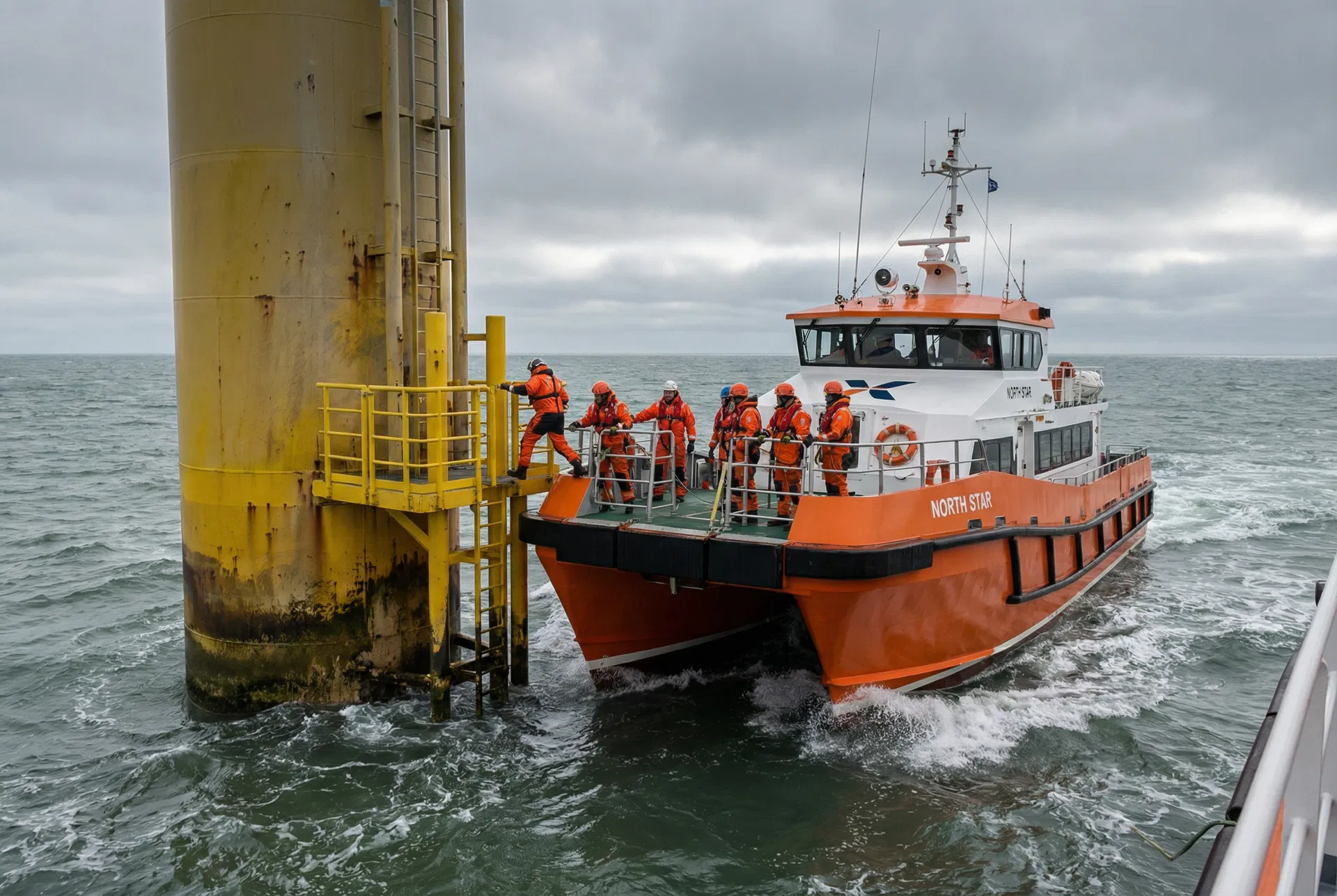 Crew transfer vessel approaching wind turbine boat landing for personnel transfer
