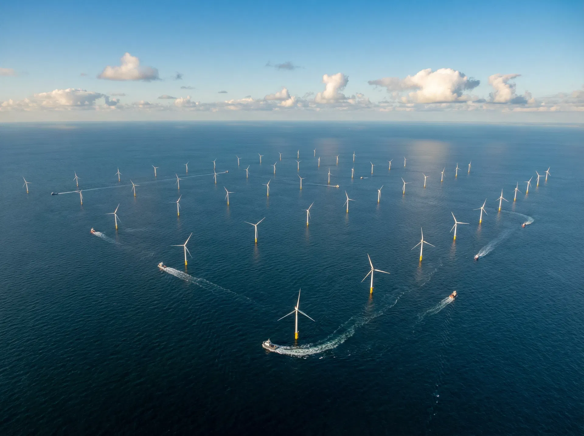Aerial view of European offshore wind farm with service vessels - North Sea
