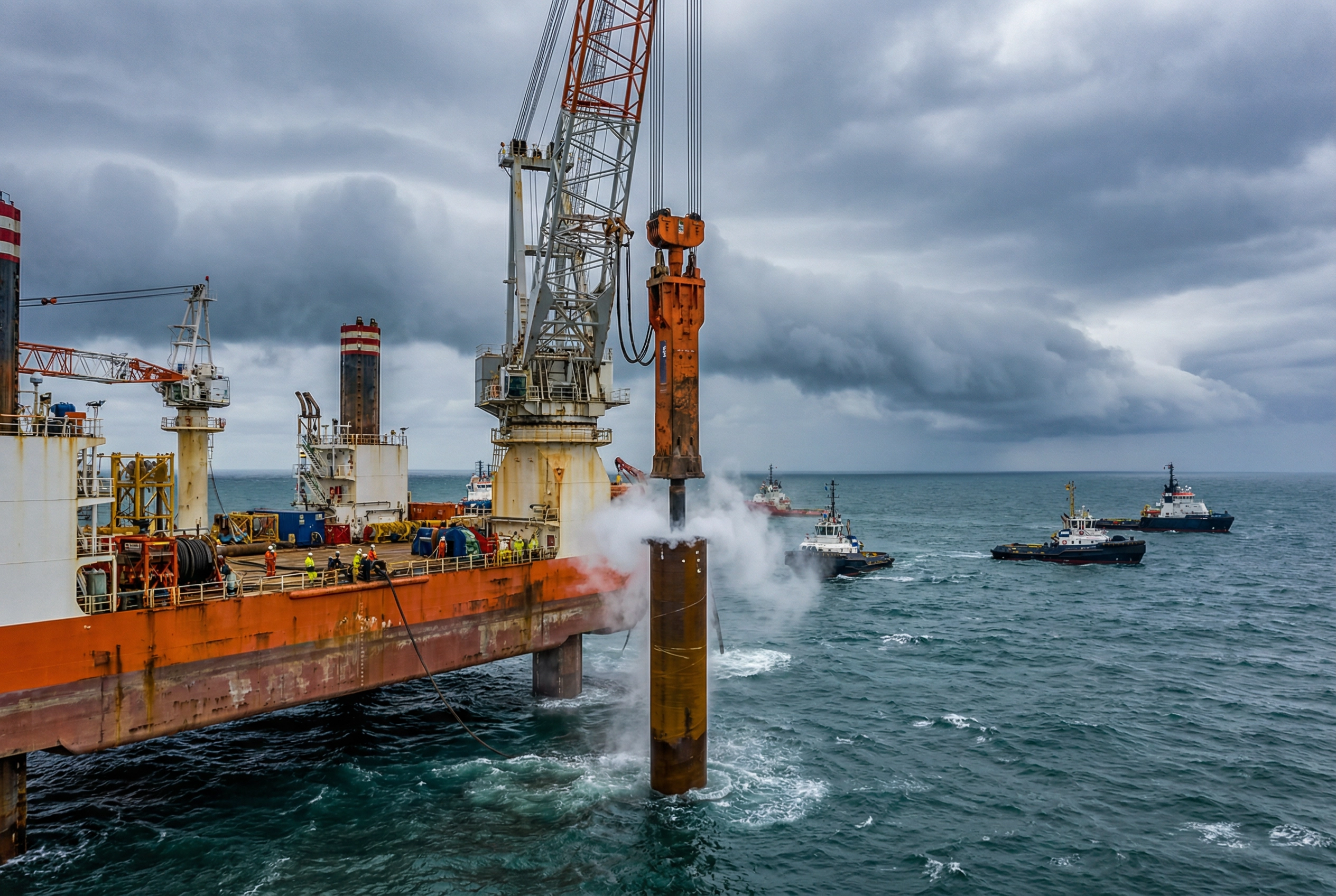 Hydraulic hammer driving monopile foundation into seabed from installation vessel
