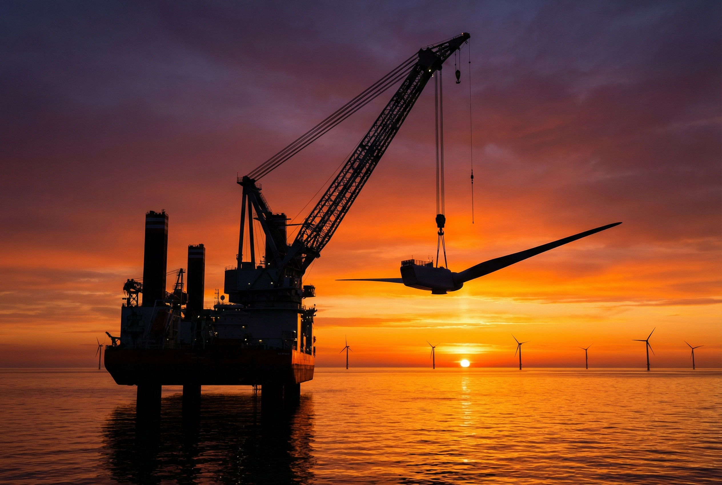 Spectacular silhouette of offshore crane vessel at sunset installing wind turbine component