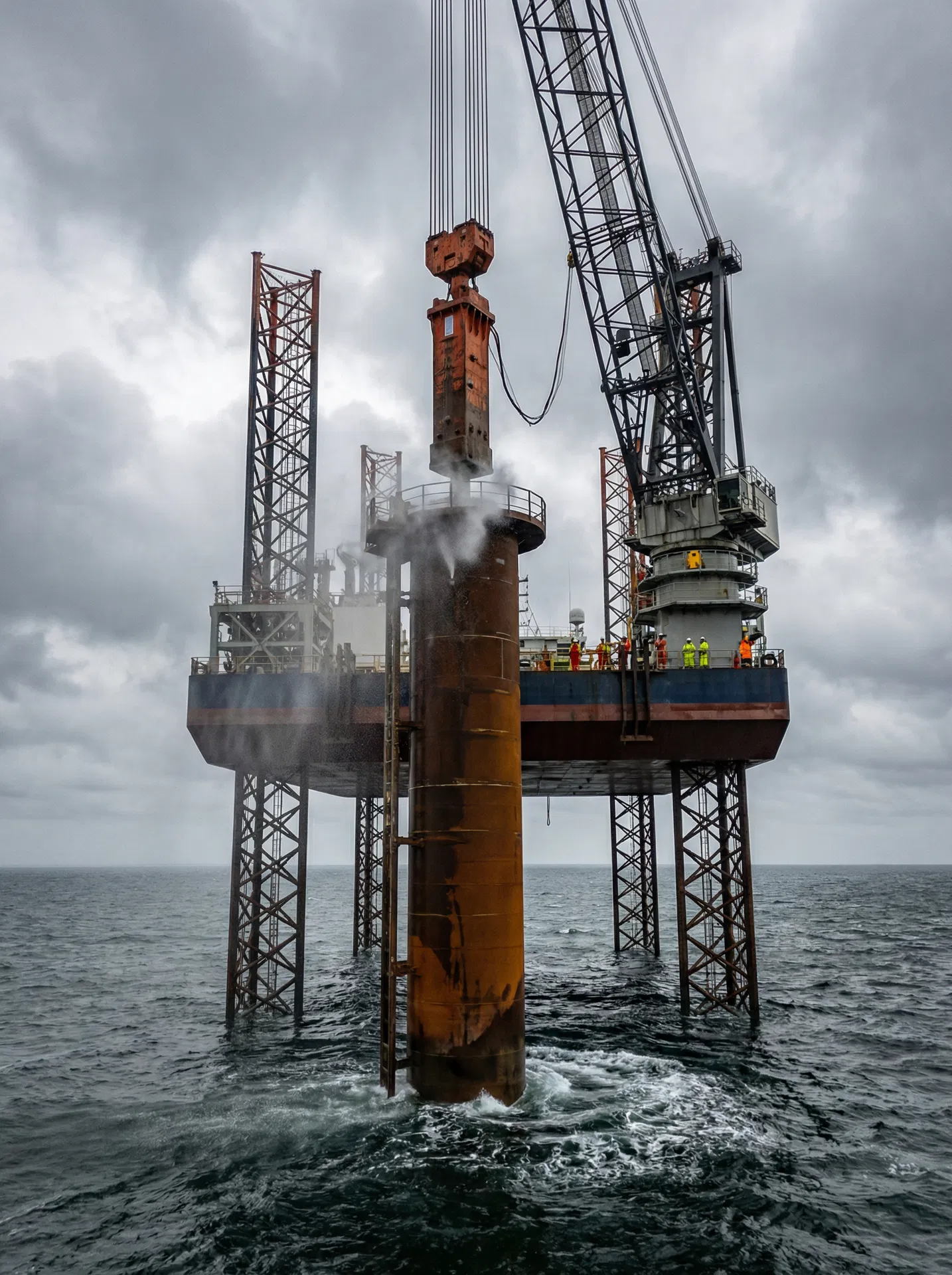 Monopile being extracted from the seabed during decommissioning by jack-up vessel