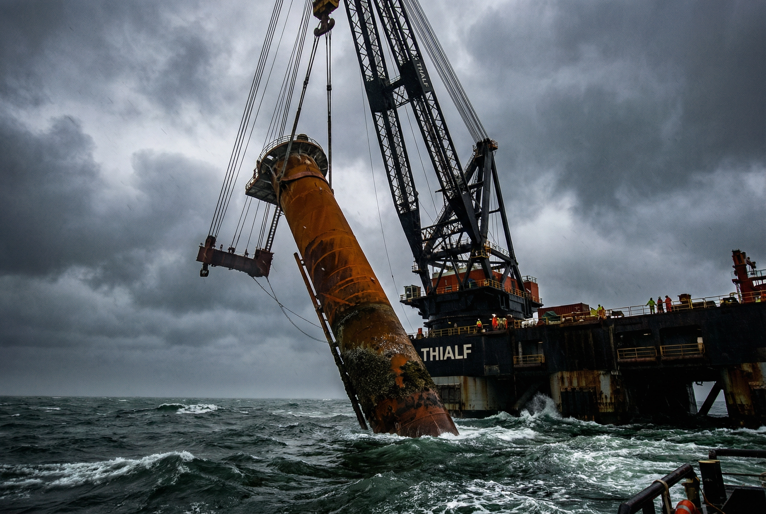 Monopile being lifted from the seabed by heavy lift crane vessel Thialf during decommissioning