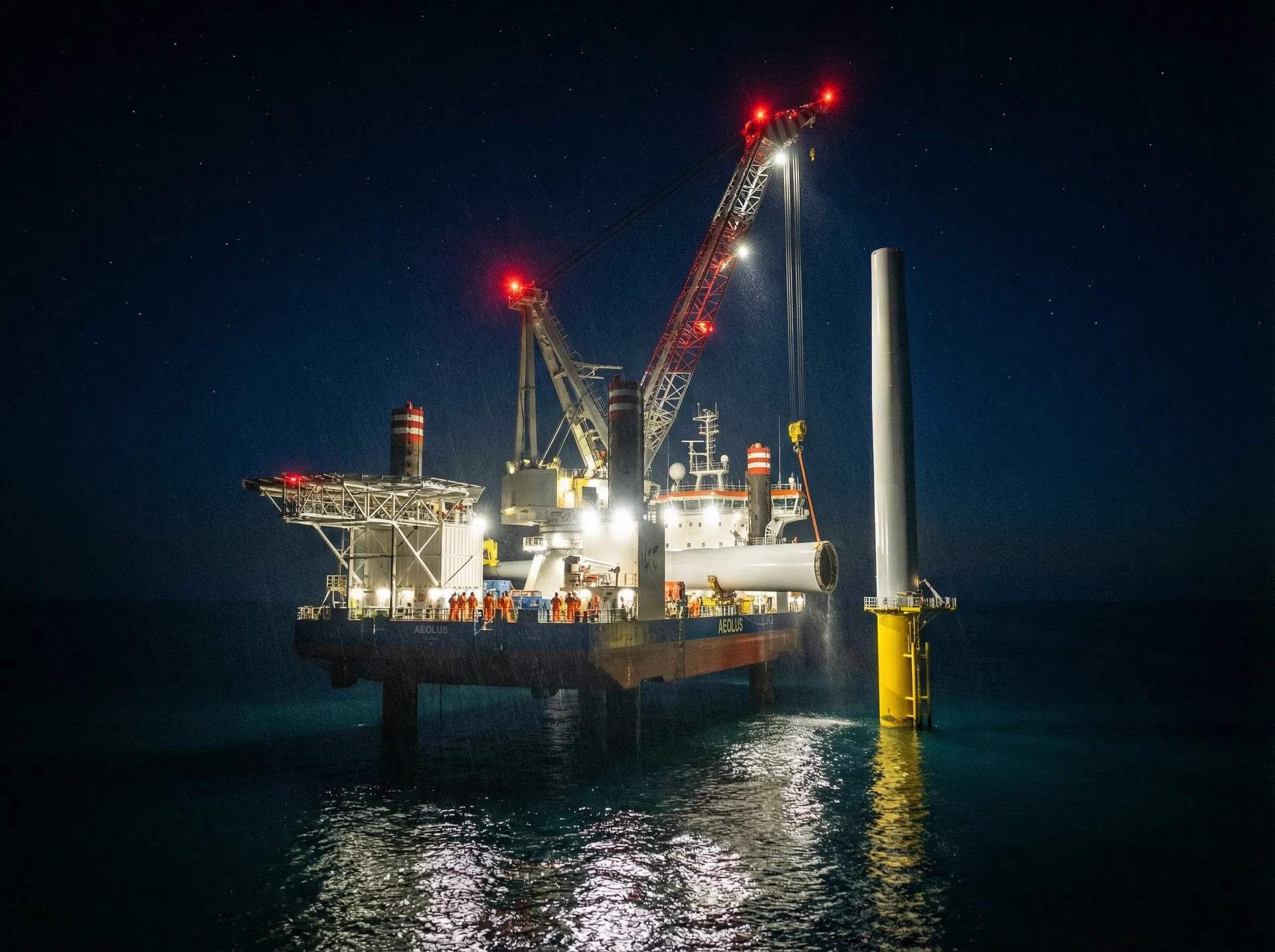 Night-time offshore wind turbine installation operations with illuminated jack-up vessel