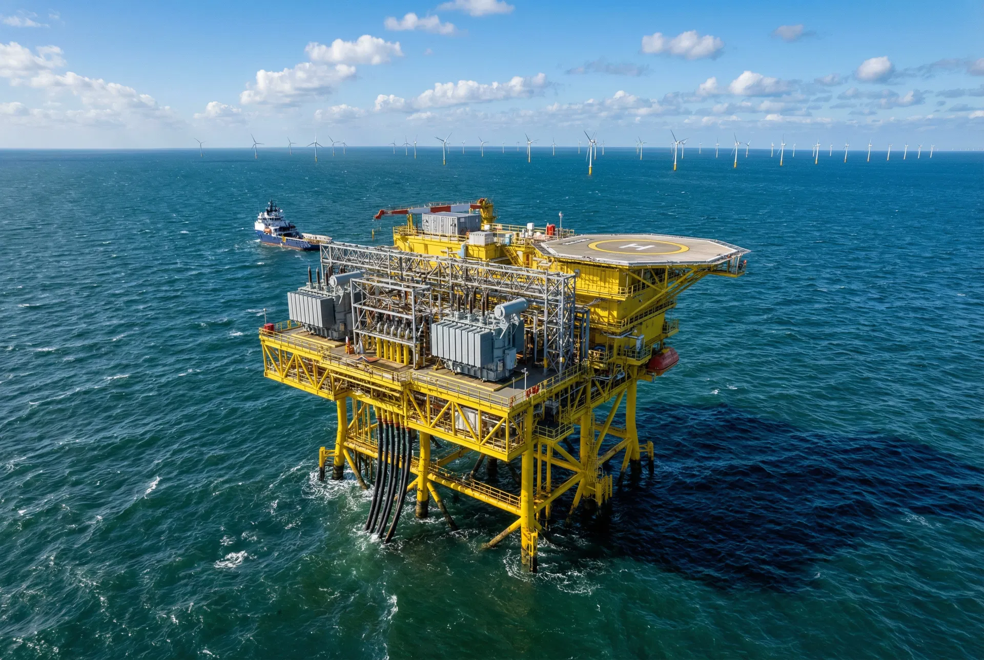 Aerial view of offshore electrical substation with helipad and wind turbines in background