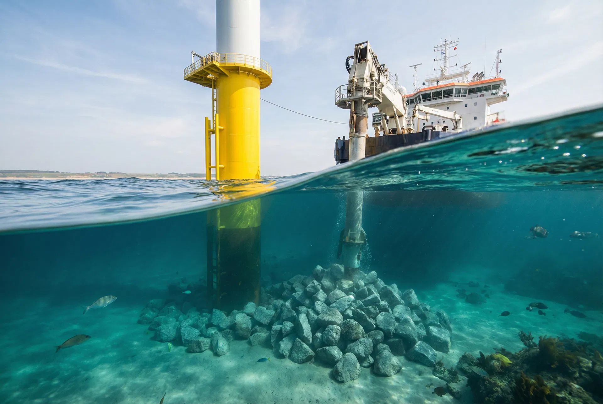 Split-level view of scour protection rocks around monopile foundation - above and below waterline