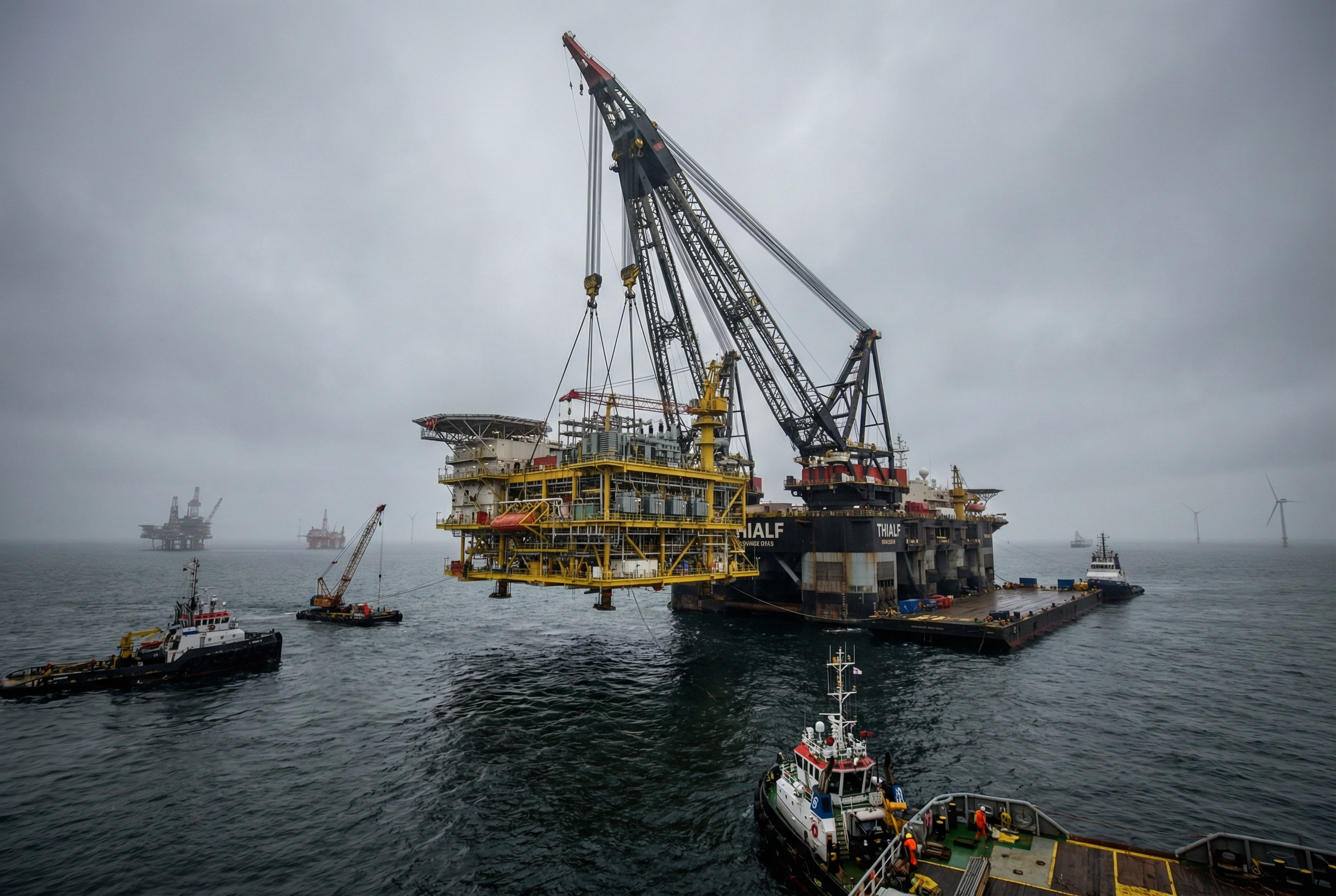 Offshore substation platform being lifted from transport barge by floating crane vessel