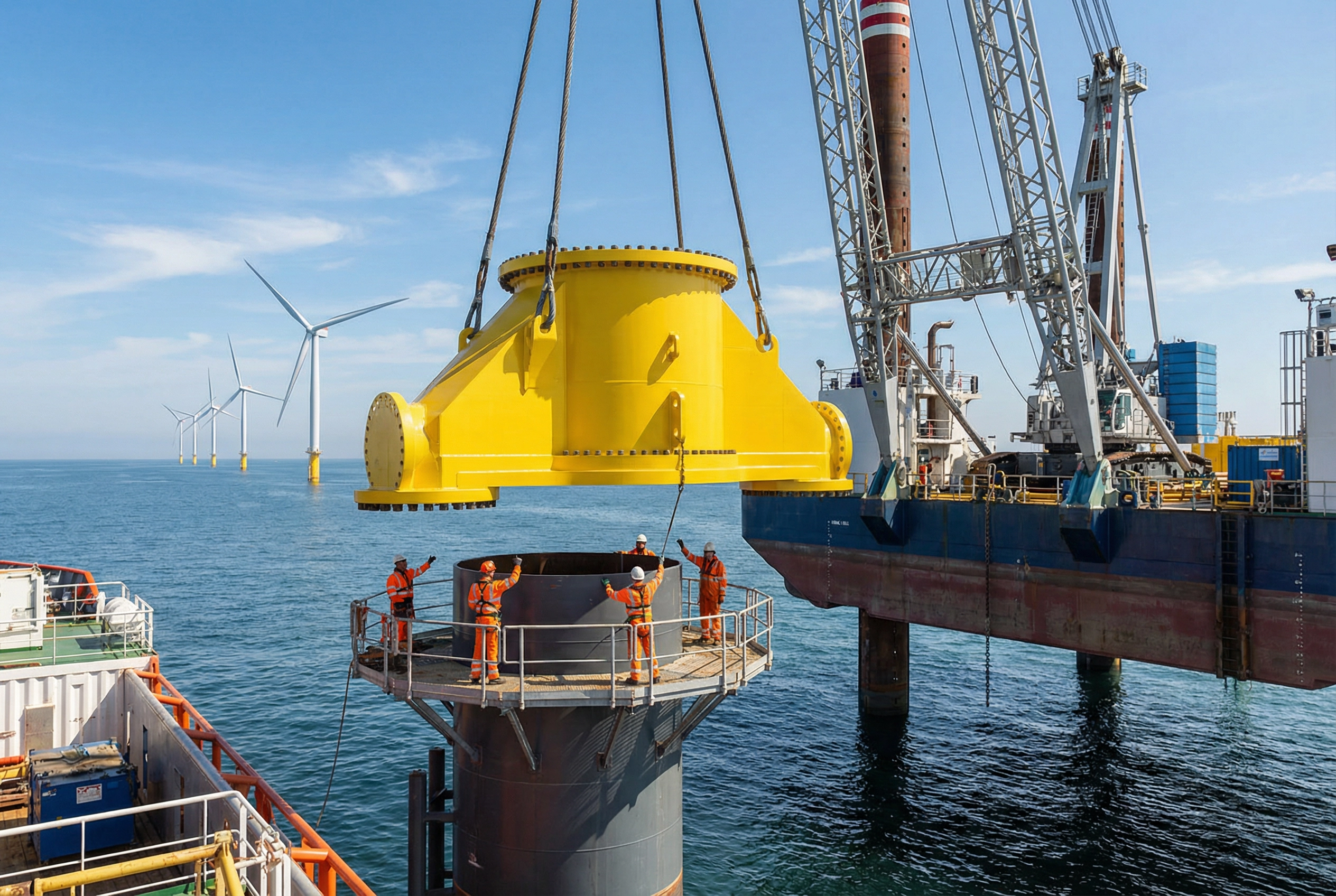 Transition piece being lowered onto monopile foundation with crane cables at offshore wind farm