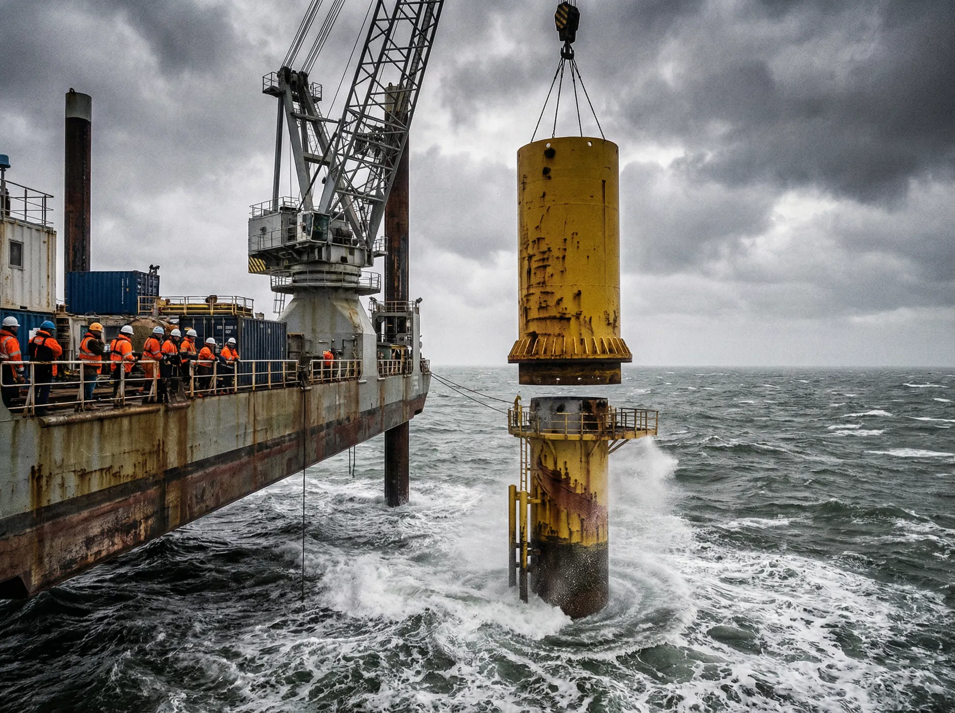 Transition piece being removed from monopile in rough seas during decommissioning operations