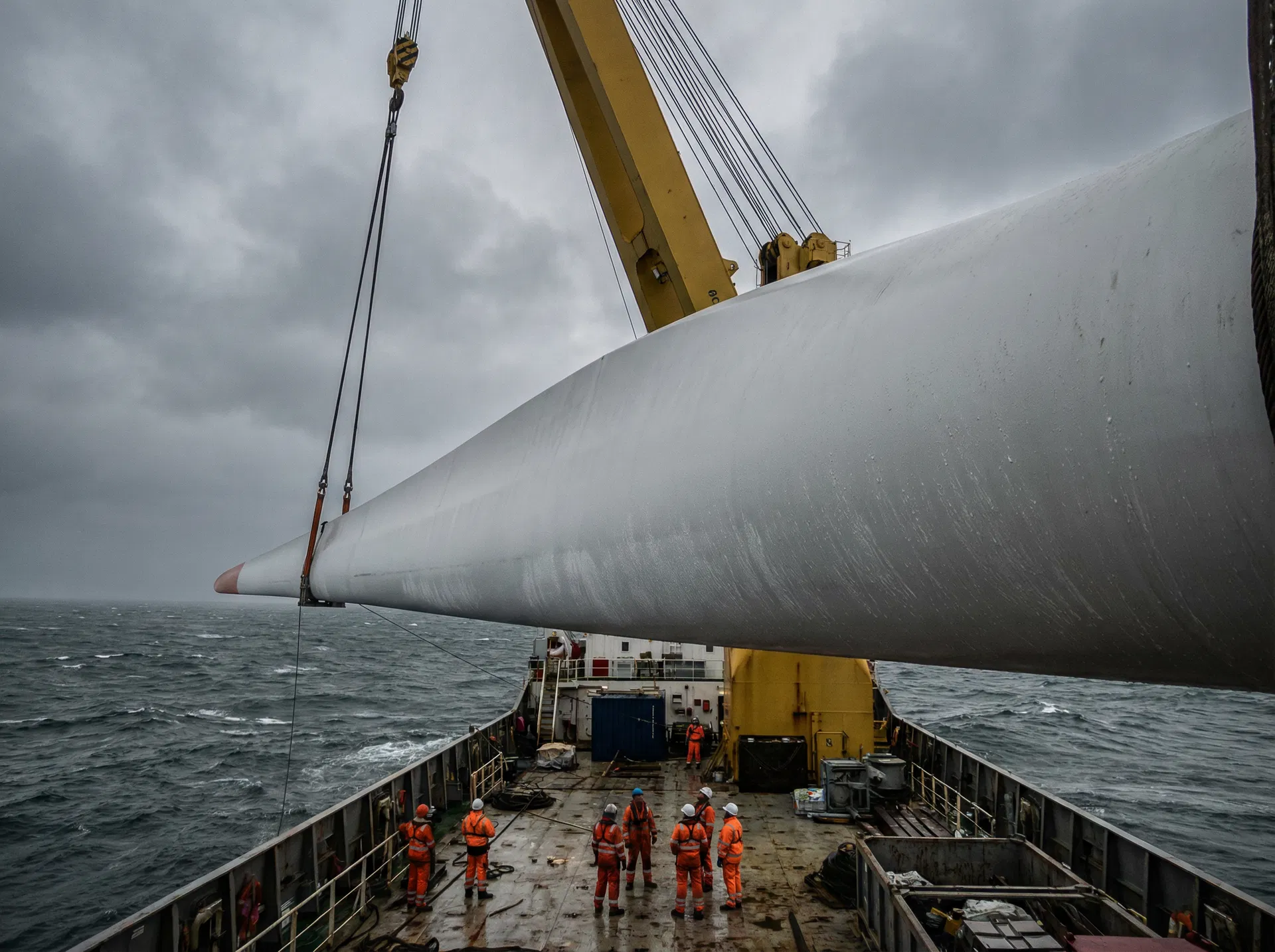 Massive turbine blade being lifted by heavy-lift crane from installation vessel deck