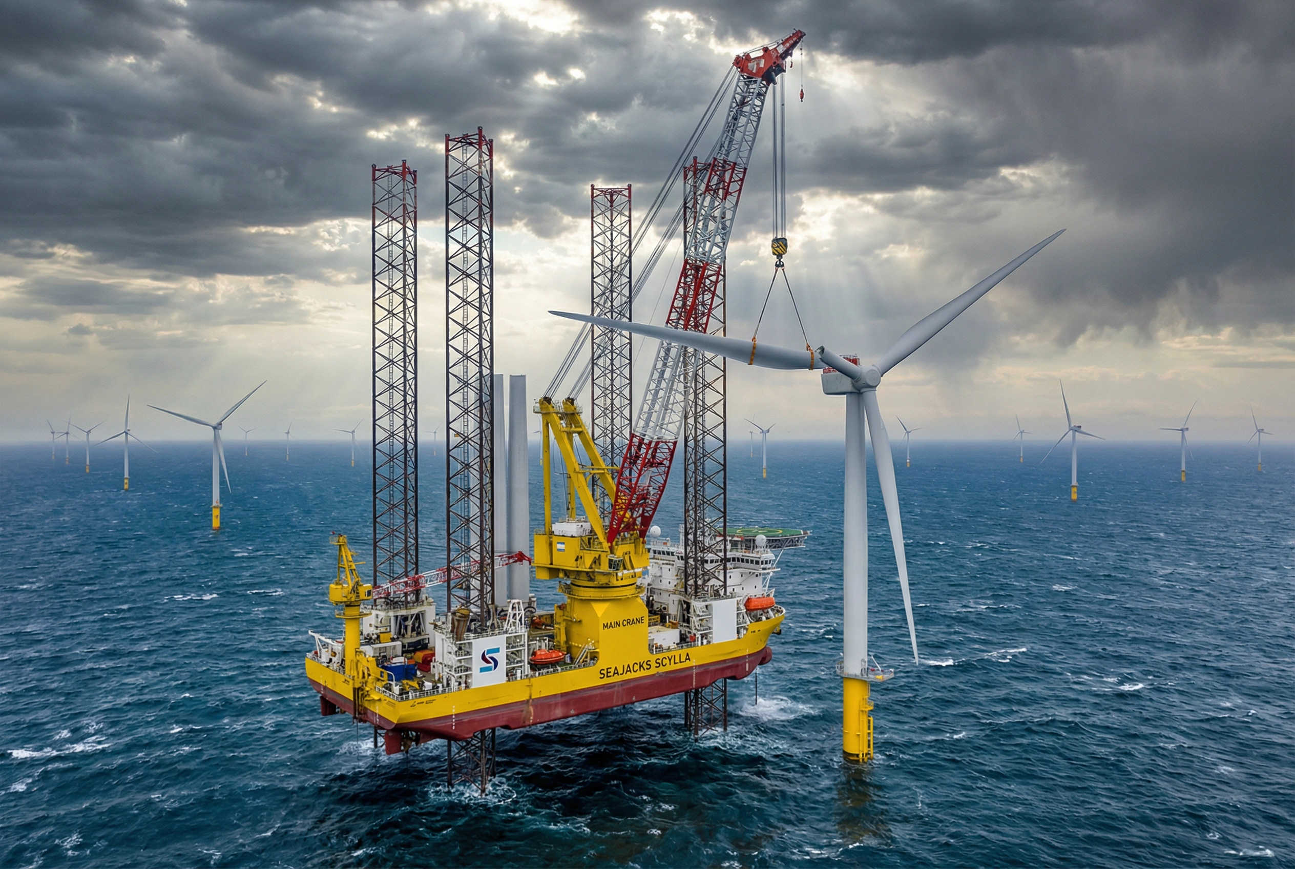 Jack-up installation vessel with lattice legs extended, crane lifting turbine blade at offshore wind farm