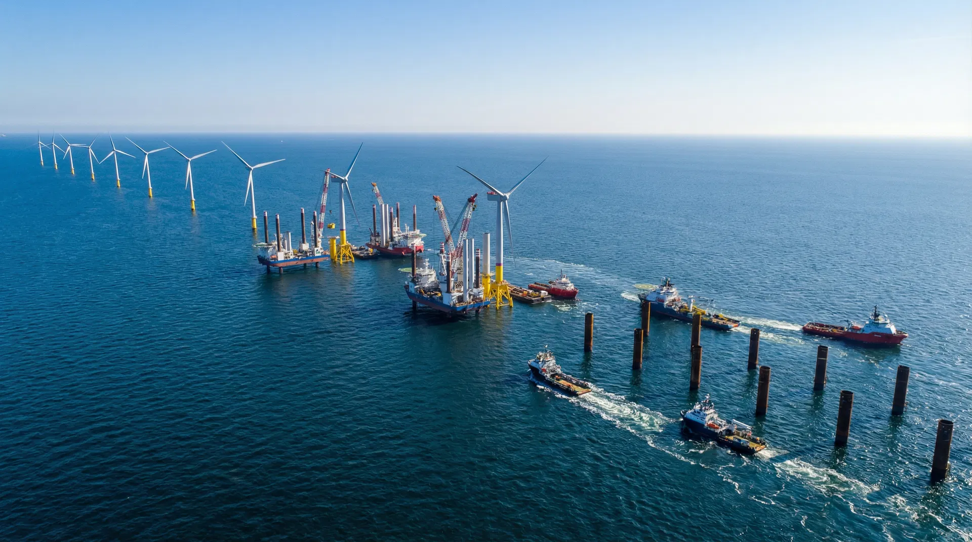 Aerial view of wind farm under construction - completed turbines, partially assembled towers, and bare foundations