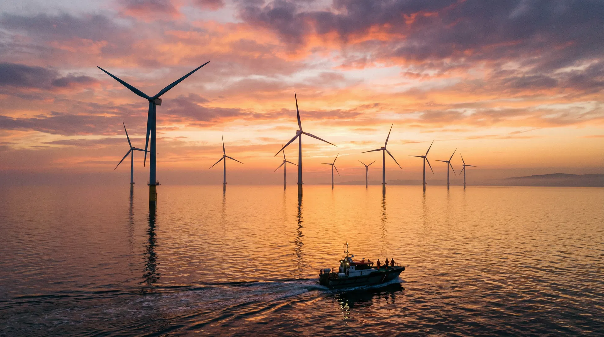 Offshore wind farm at golden hour sunset with crew transfer vessel