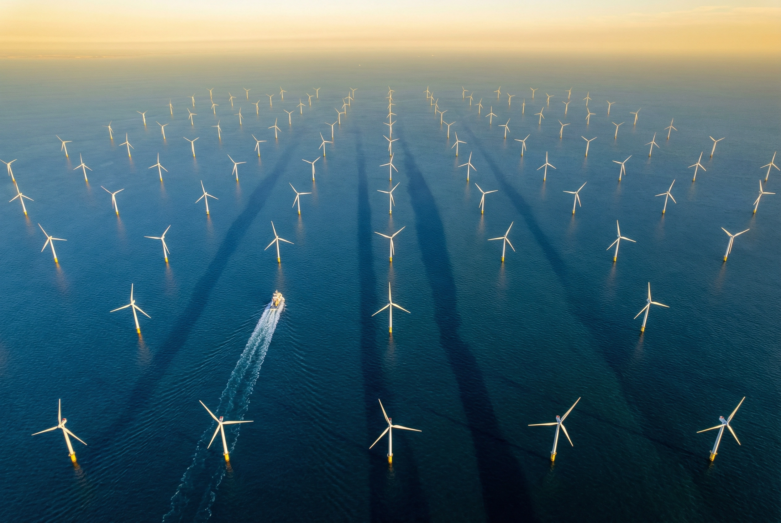 Stunning aerial view of completed offshore wind farm array stretching to the horizon at golden hour