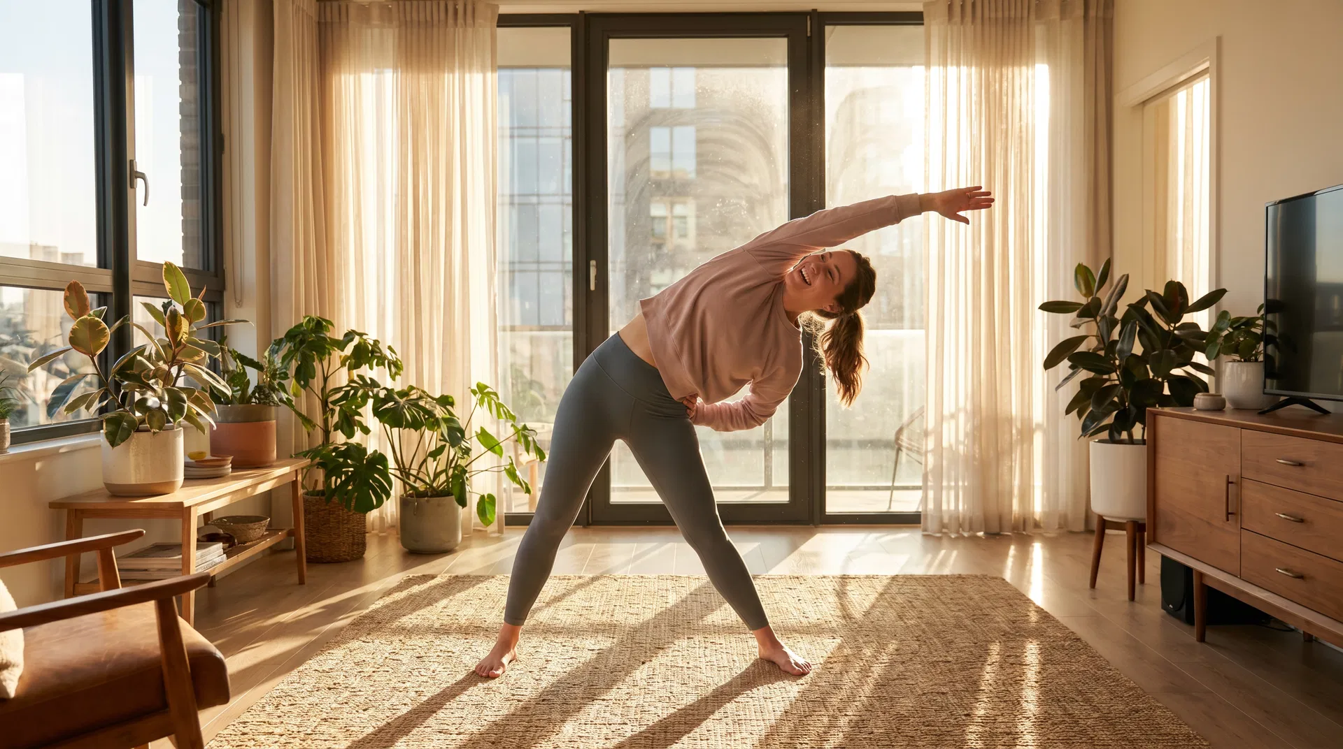 Mujer estirándose con energía en la mañana con luz natural dorada