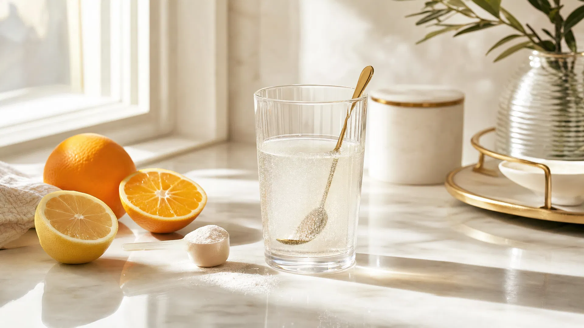 Guía de bienvenida Colágeno Antiage - vaso con colágeno disuelto y cítricos
