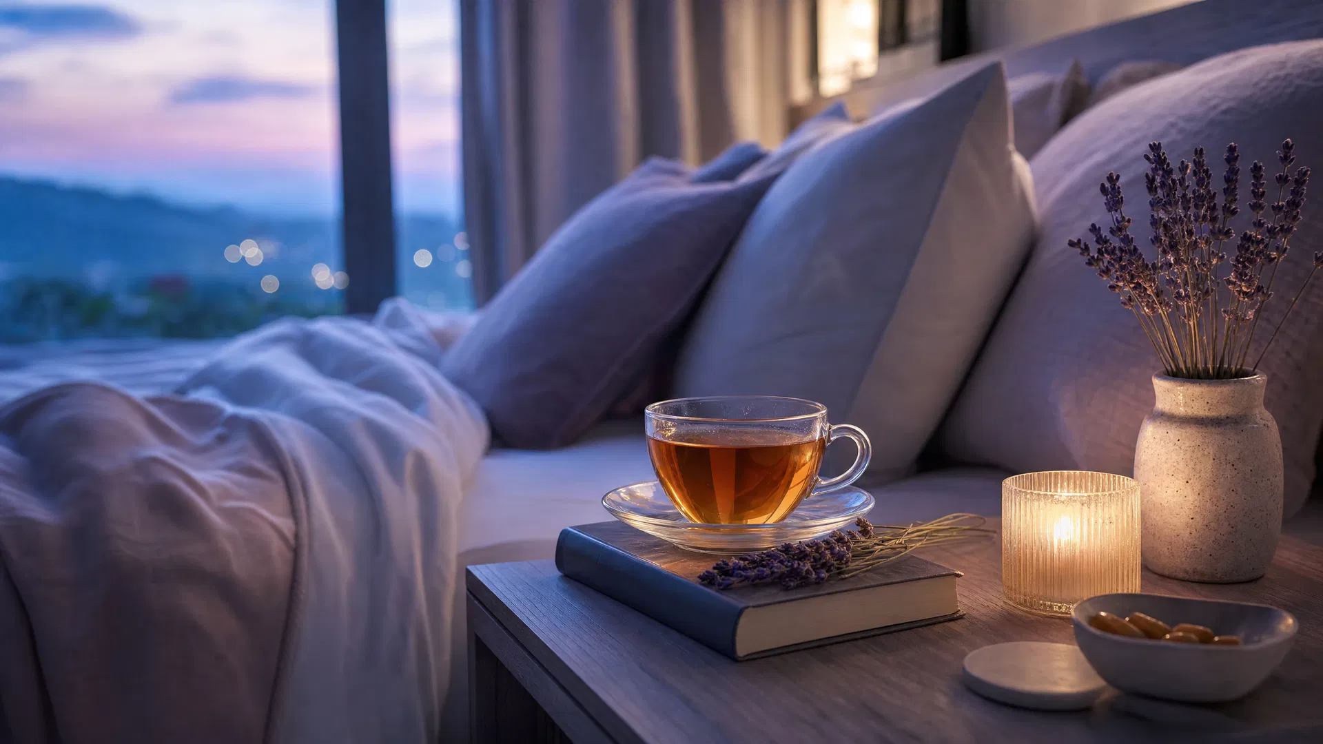 Guía de bienvenida NeuroCalm - ambiente sereno nocturno con té y vela