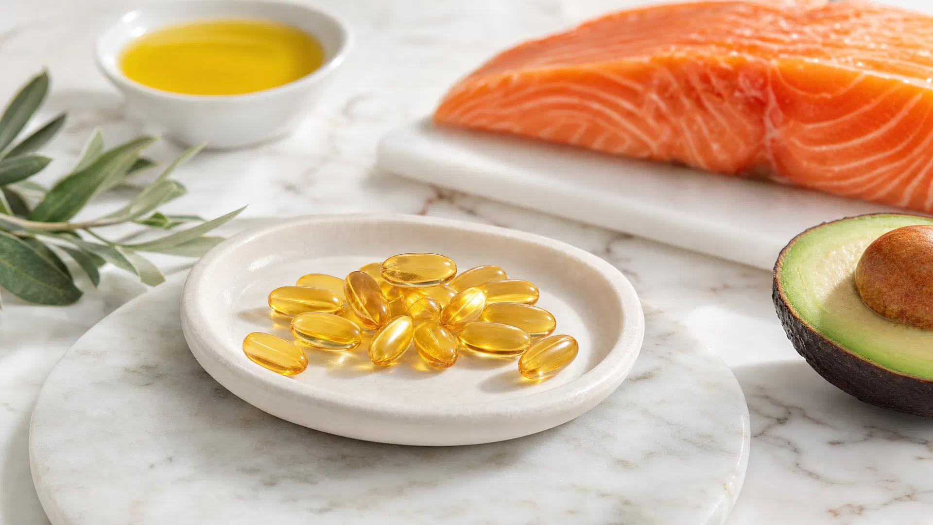 Guía de bienvenida Omega 3 - cápsulas doradas con salmón y aguacate