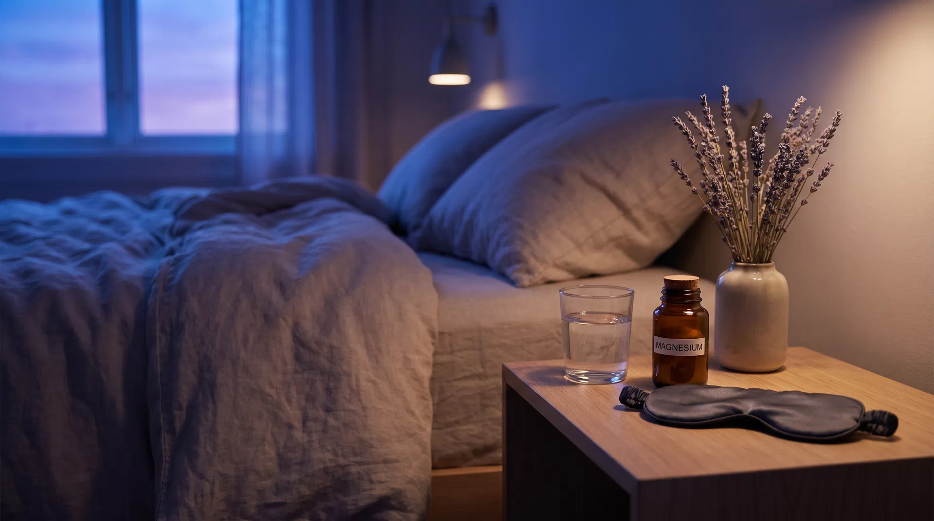 Mesa de noche con suplemento de magnesio, vaso de agua y lavanda en ambiente nocturno relajante