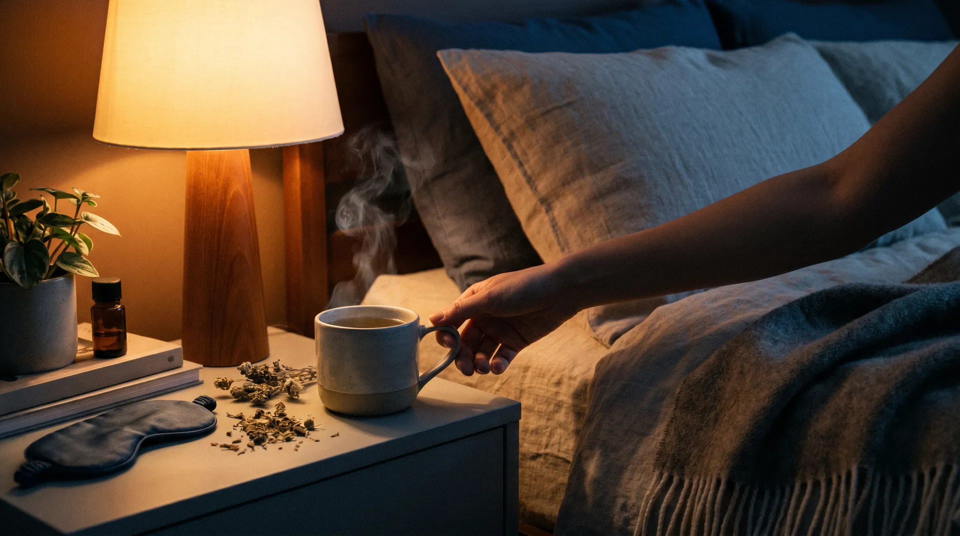 Mano alcanzando una taza de té herbal caliente en mesa de noche con ambiente nocturno