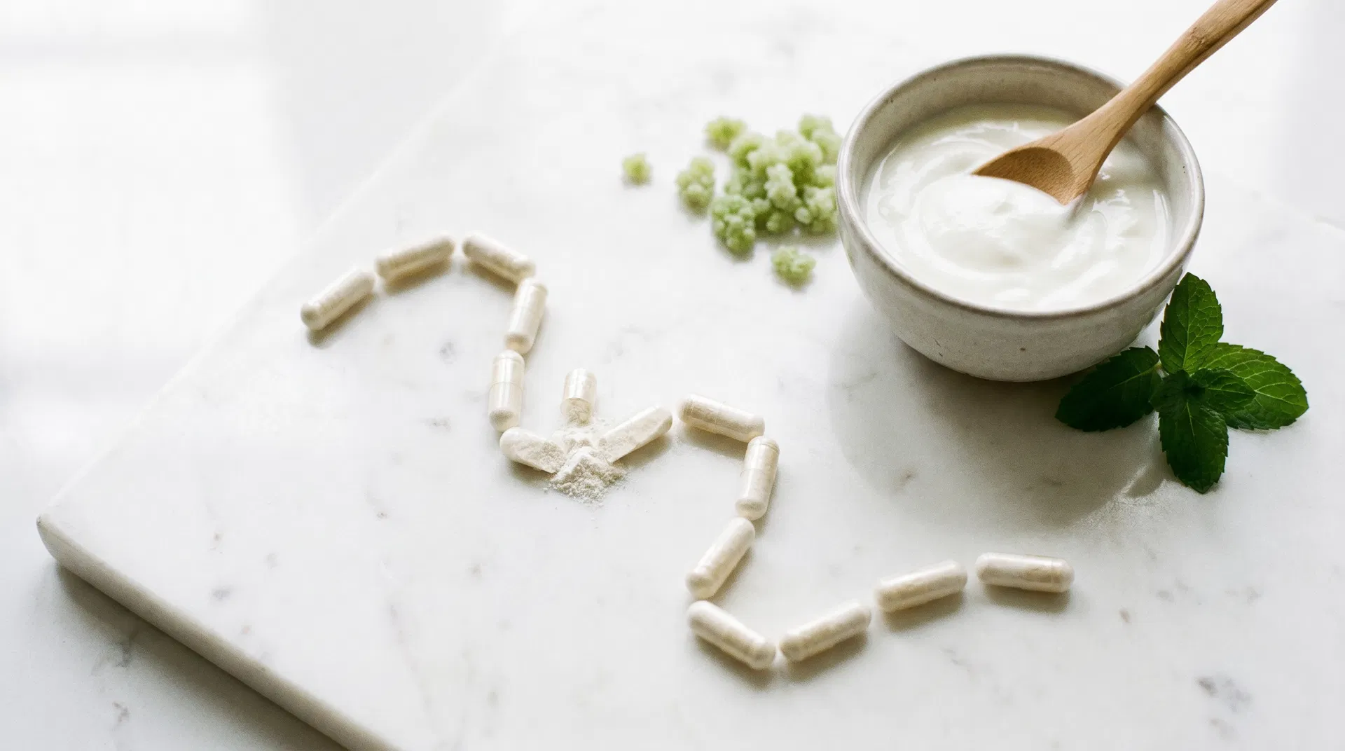 Cápsulas de probióticos sobre superficie de mármol con yogur y menta fresca