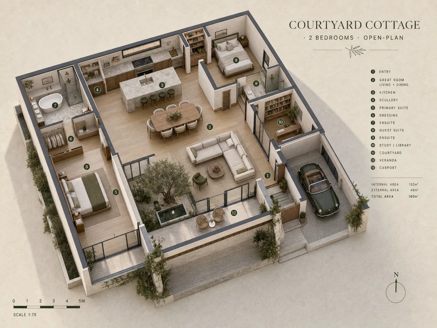 Courtyard Cottage — 3D Plan