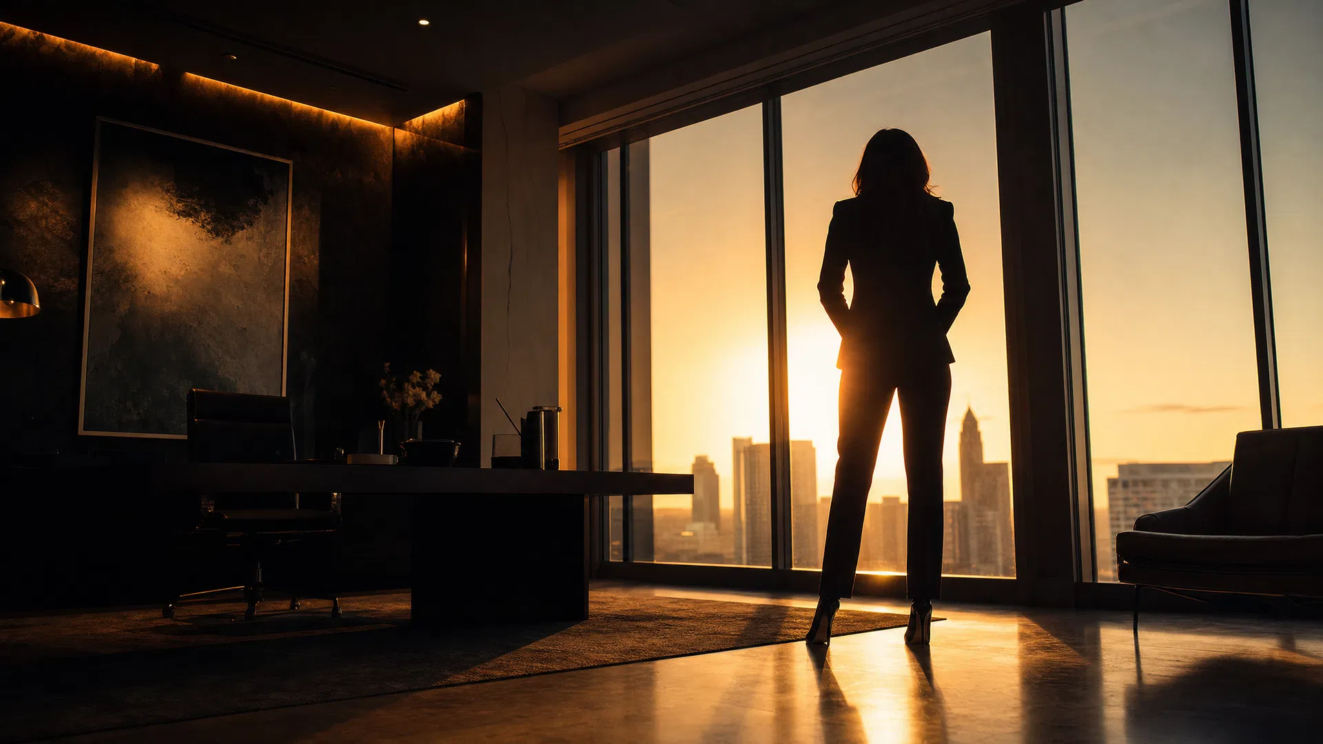 Professional woman silhouette overlooking city skyline at golden hour representing insurance coverage protection