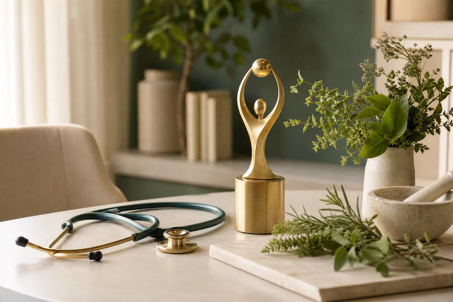 Gold award trophy with stethoscope and botanical herbs on a minimalist desk — functional medicine leadership award 2026