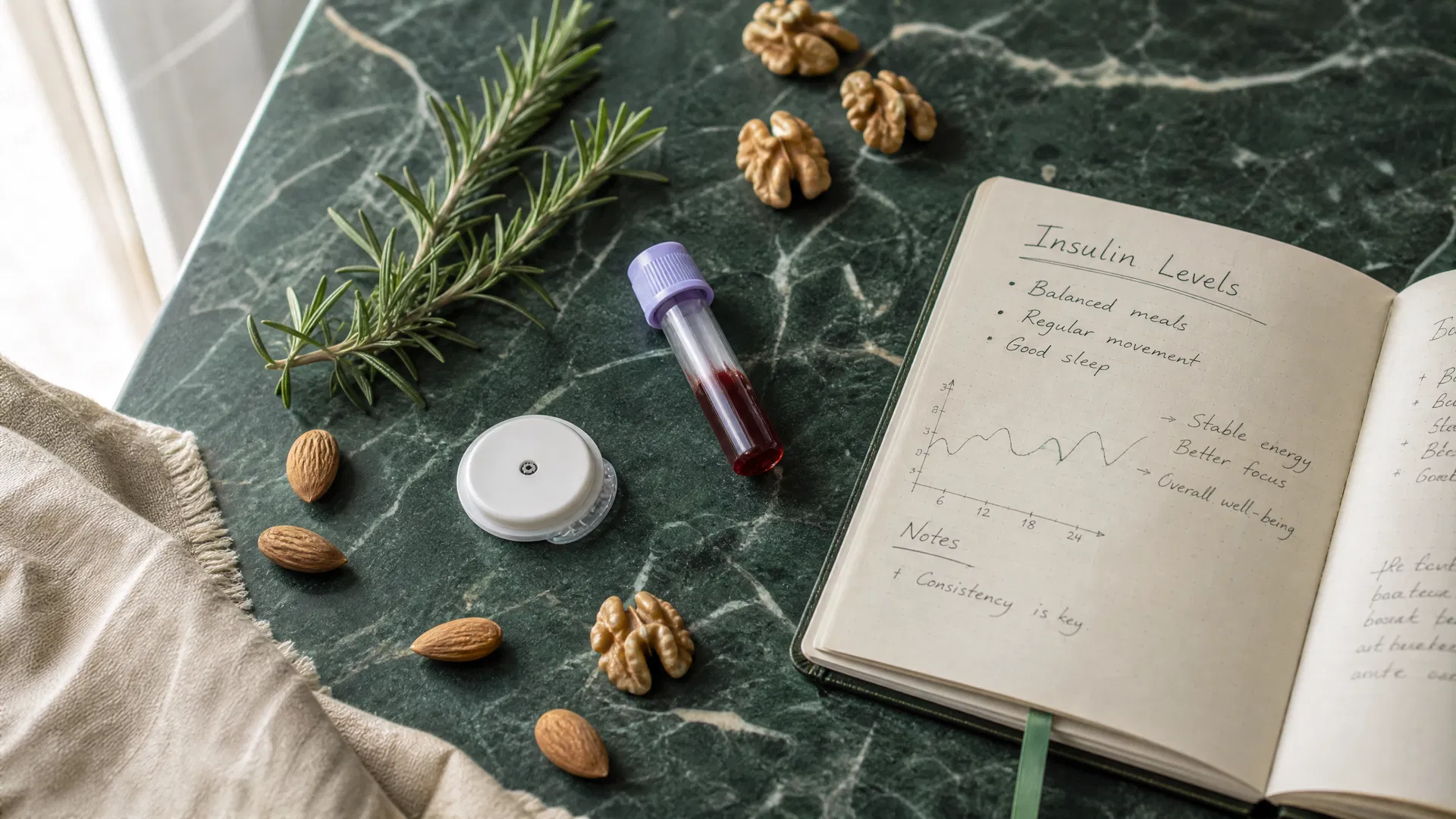 Clinical flat-lay with continuous glucose monitor sensor, blood vial, rosemary sprig, almonds, walnuts, and notebook showing insulin level graphs on dark green marble desk