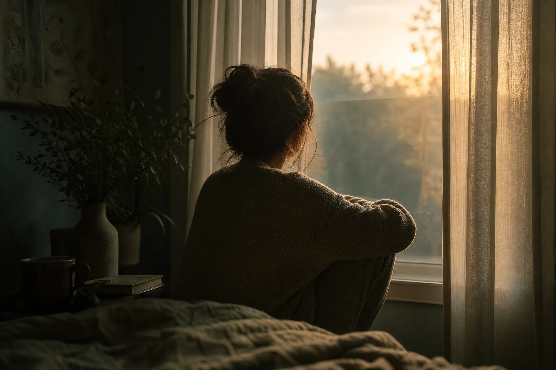Woman silhouette sitting at a window at dawn looking tired and contemplative — chronic fatigue nervous system root cause