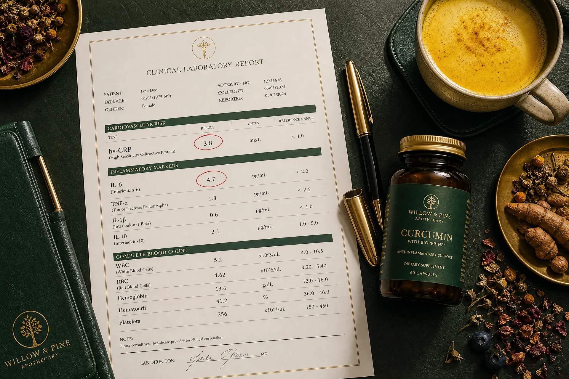 Clinical laboratory report showing elevated hs-CRP and IL-6 inflammatory markers with circled values on a dark green desk with supplement bottle and golden milk tea