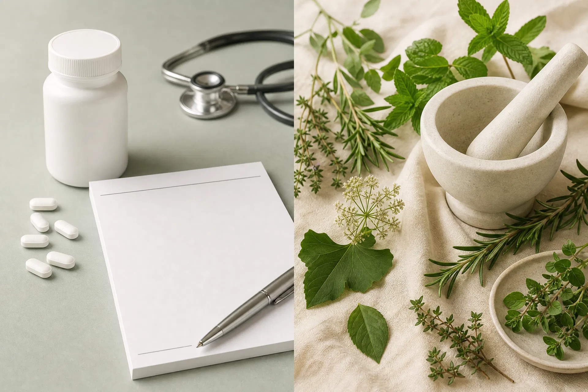 Split image comparing prescription pills and stethoscope on one side with fresh herbs and mortar and pestle on the other — conventional vs naturopathic medicine