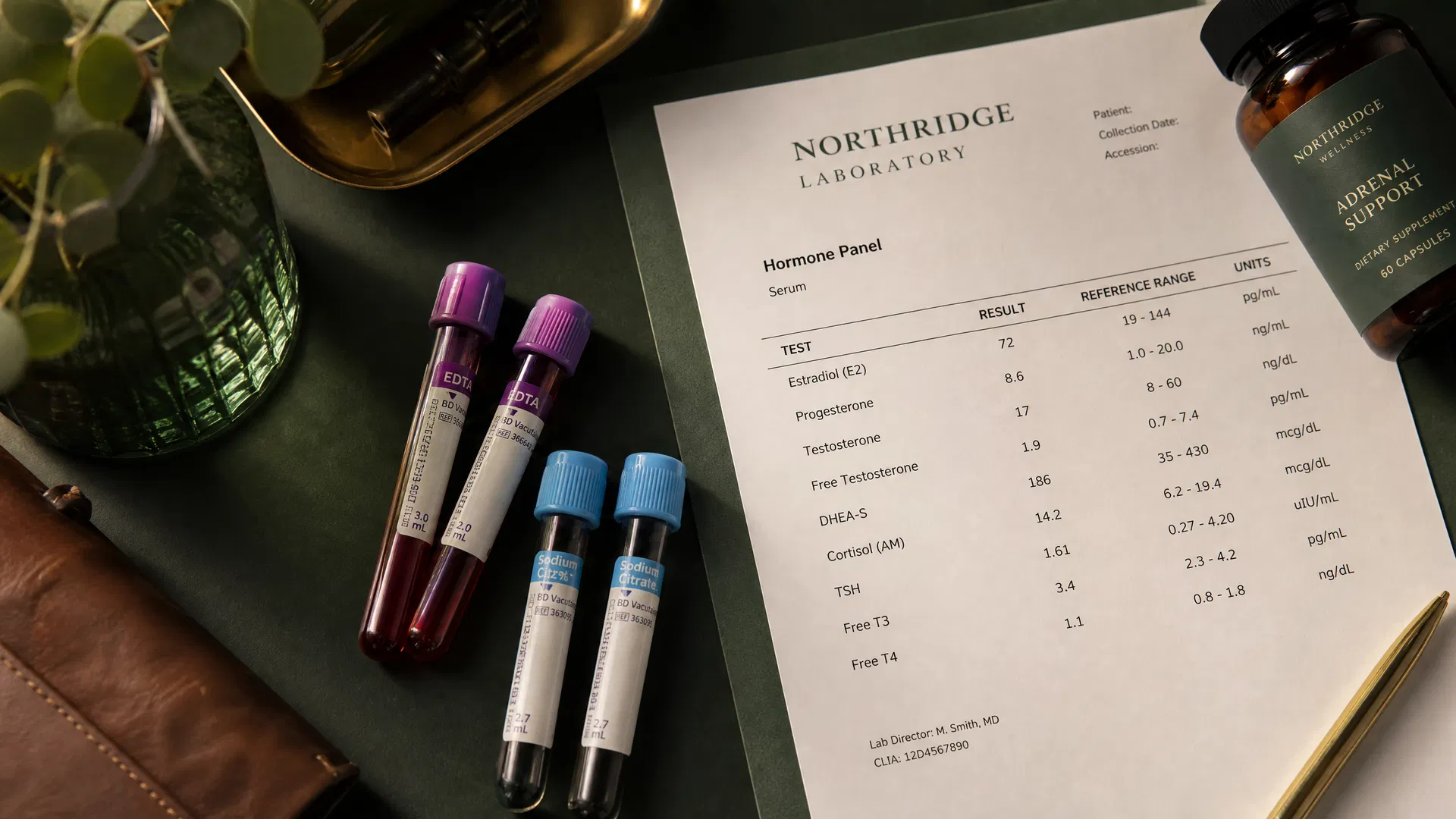 Functional medicine hormone panel lab report with blood collection tubes and supplement bottle on a dark green desk