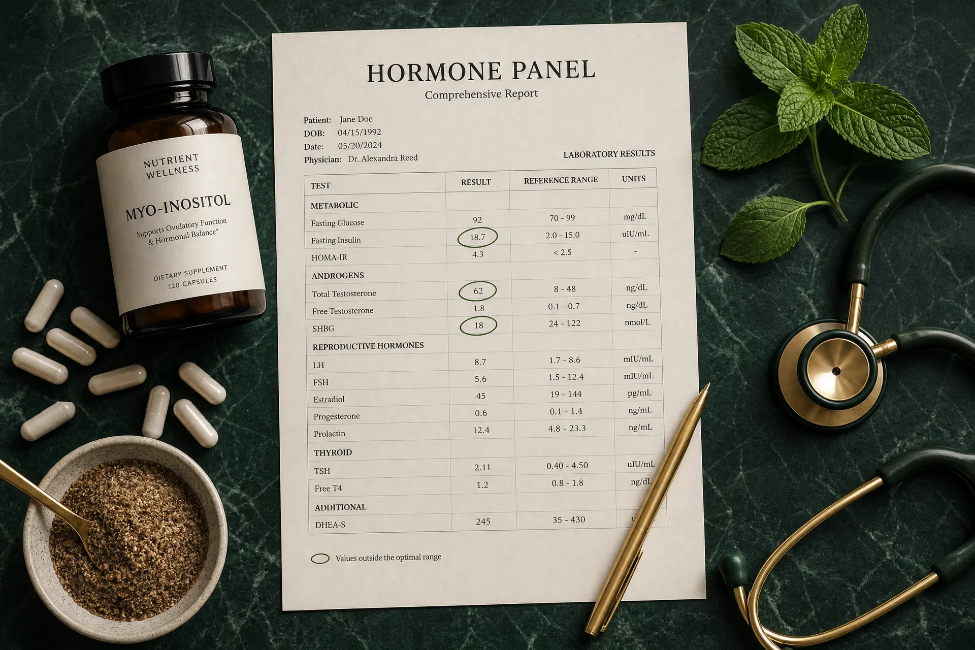 Comprehensive hormone panel lab report showing elevated fasting insulin and low SHBG with myo-inositol supplement bottle, spearmint sprig, and stethoscope on dark green marble desk