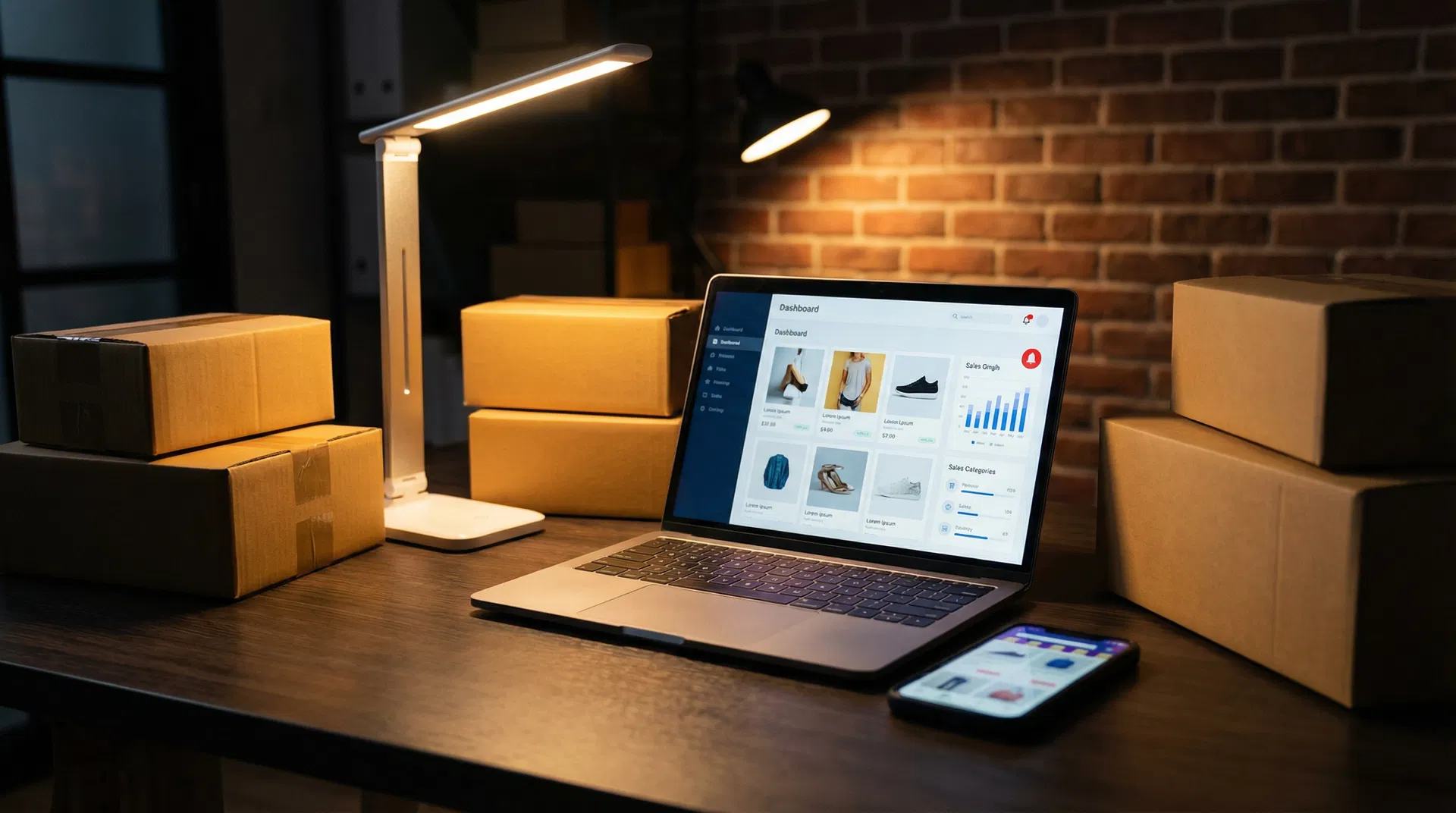 E-commerce workspace with laptop and shipping boxes