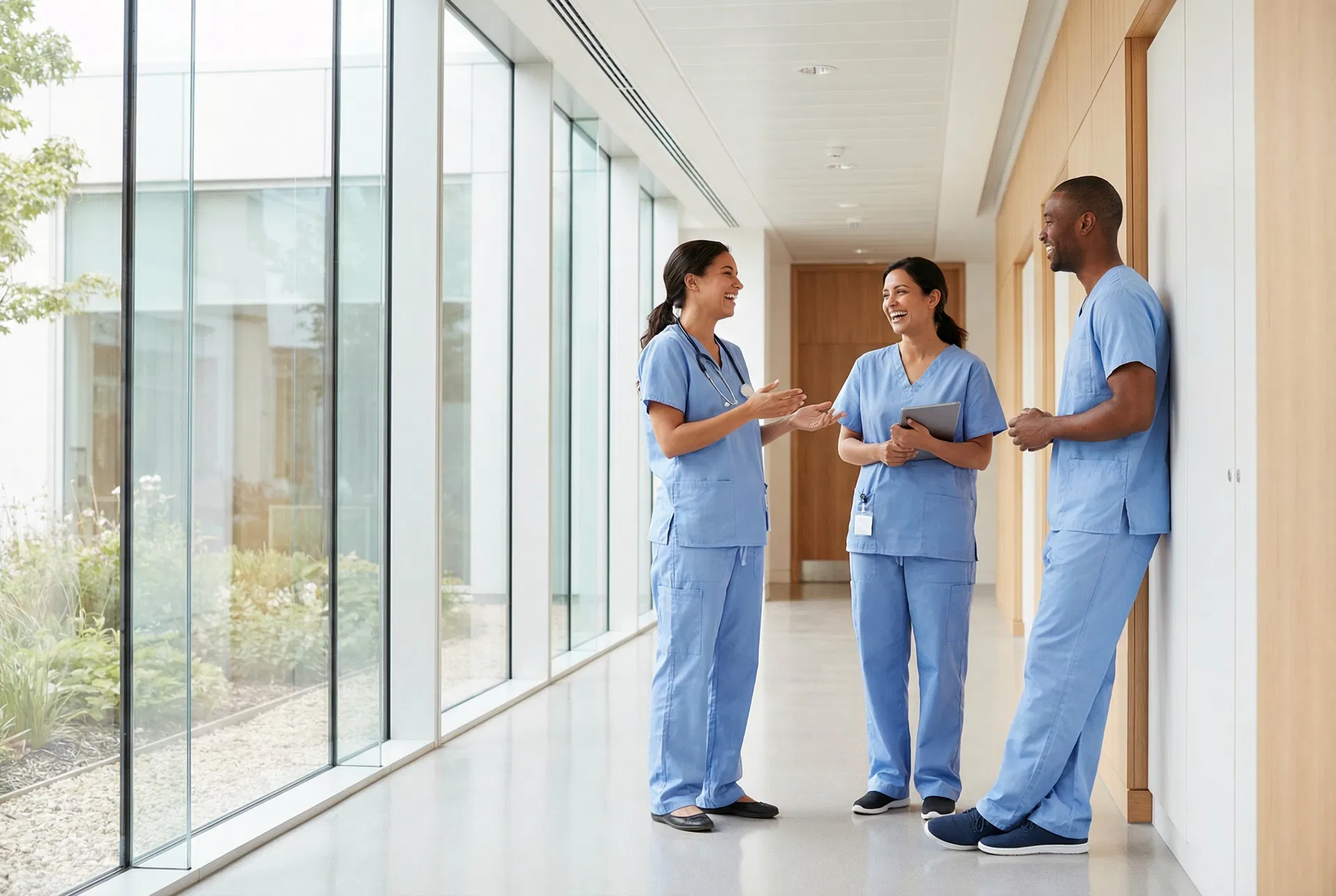 Healthcare professionals in a hospital corridor