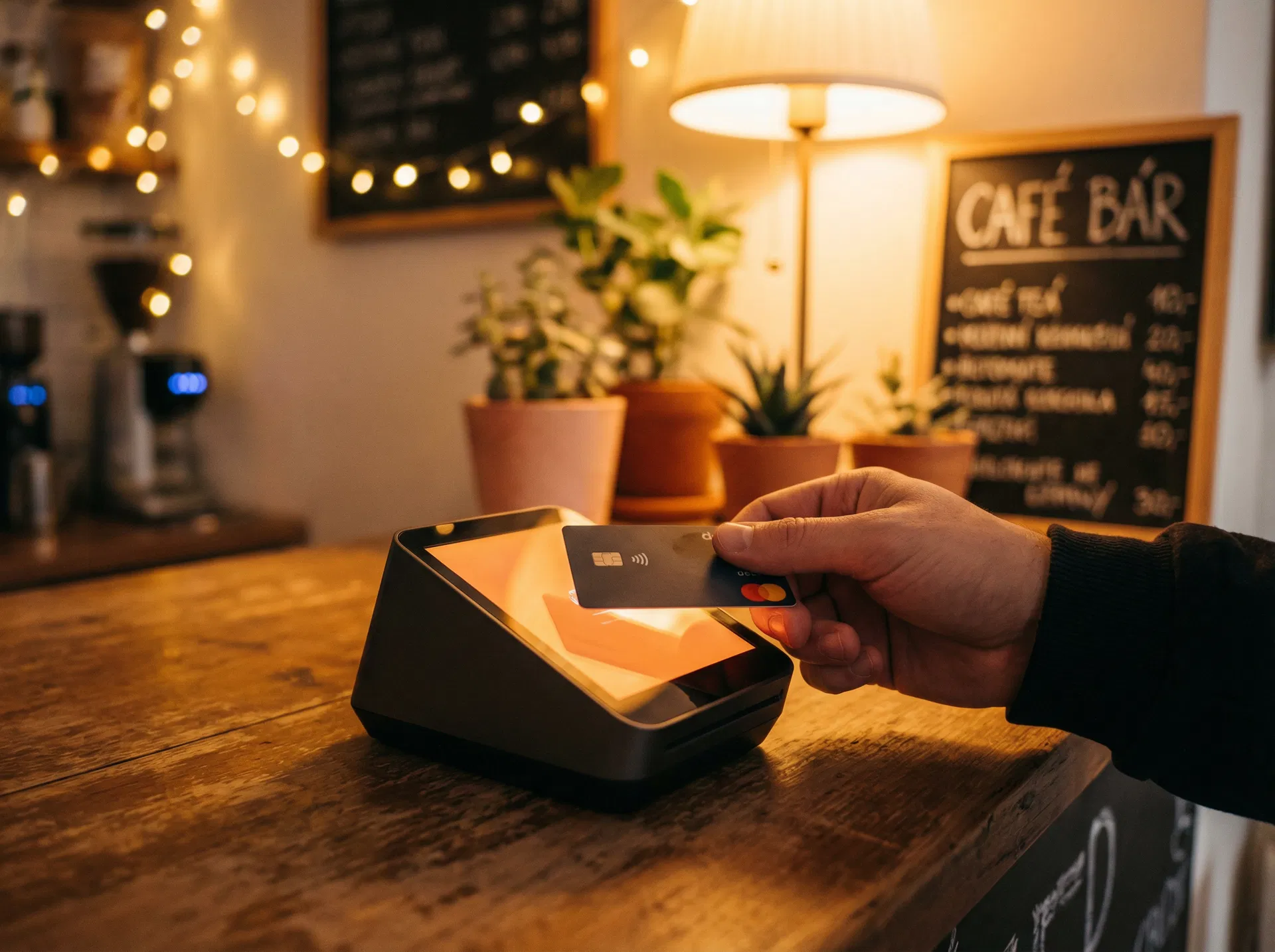 Customer making a contactless card payment at a cafe