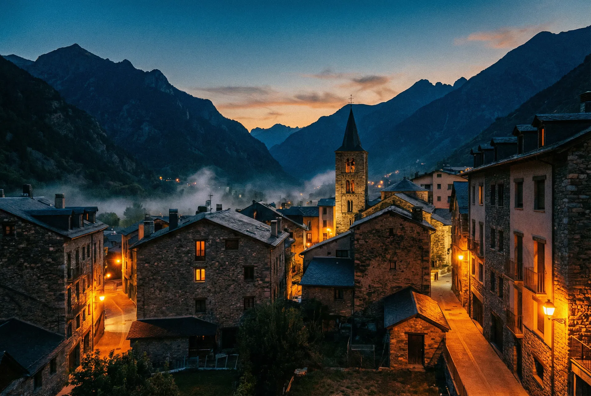 Andorra la Vella at dusk — nestled between the Pyrenees