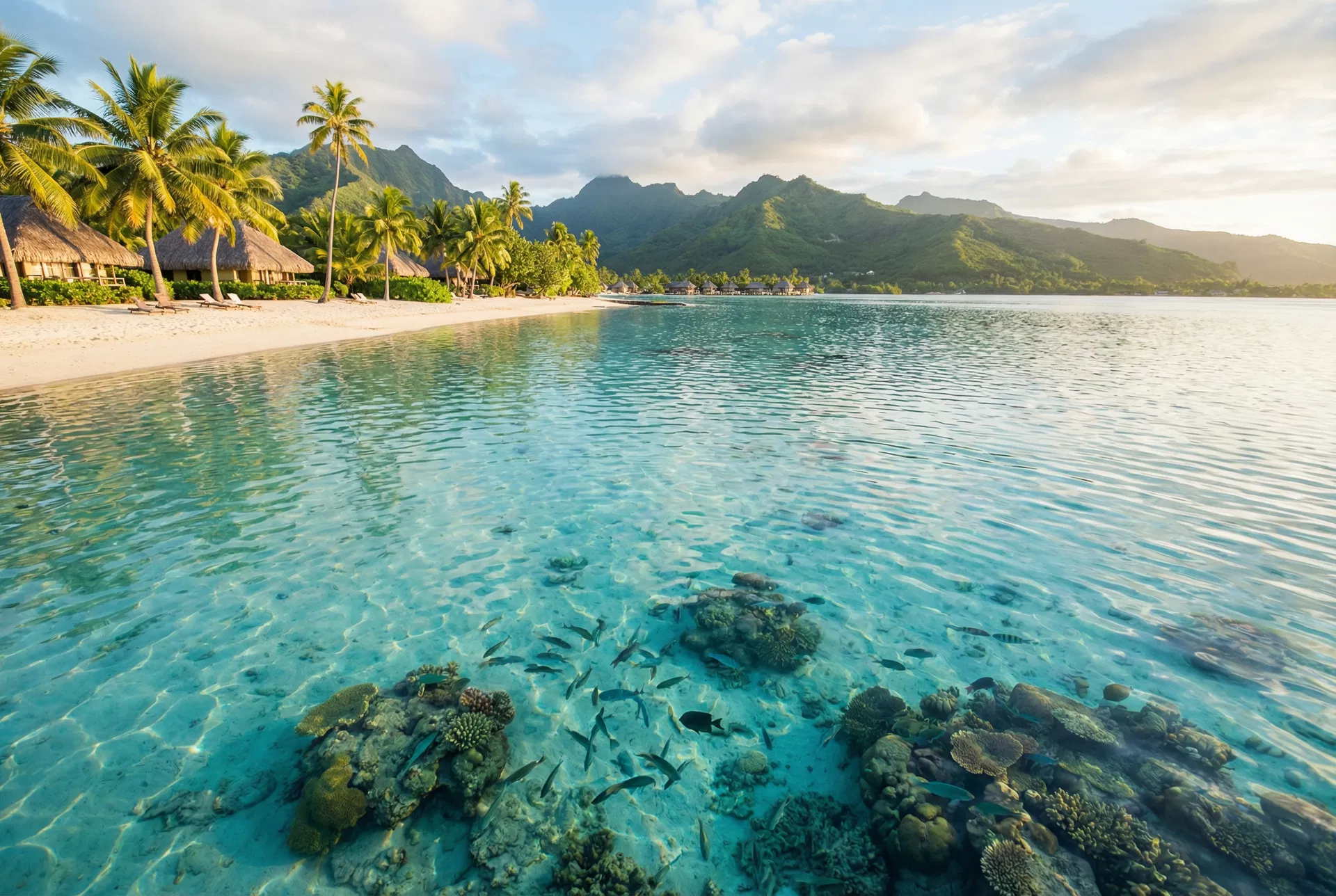 Crystal-clear lagoon in French Polynesia with coral reef visible